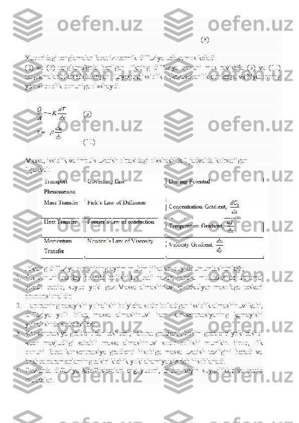                                                                                            
                                                                                                    (8)
Yuqoridagi tenglamalar faqat izotermik diffuziya uchun mos keladi.
(2)   va   (3)   tenglamalarda   berilgan   Fikning   diffuziya   qonuni   mos   ravishda   (9)   va   (10)
tenglamalar bilan ifodalangan Furyening issiqlik o'tkazuvchanlik qonuniga va Nyutonning
yopishqoqlik qonuniga o'xshaydi.
(9)
(10)
Massa, issiqlik va impuls uzatish o'rtasidagi o'xshashlik 1-jadvalda ko'rsatilgan
1-jadval:
Fikning diffuziya qonunining ayrim muhim jihatlari quyida umumlashtiriladi;
1. Fik   qonuni   qanday   holatda   bo'lishidan   qat'i   nazar,   barcha   moddalar   uchun   amal
qiladi:   qattiq,   suyuq   yoki   gaz.   Massa   almashinuvi   molekulyar   masofaga   teskari
proportsionaldir.
2. Haroratning pasayishi yo'nalishi bo'yicha sodir bo'ladigan issiqlik almashinuvi kabi,
diffuziya   yo'li   bilan   massa   almashinuvi   ham   kontsentratsiyaning   kamayishi
yo'nalishida sodir bo'ladi.
3. Konsentratsiya gradientidan tashqari, harorat gradienti, bosim gradienti yoki tashqi
kuch   mavjudligi   sababli   massa   almashinuvi   sodir   bo'lishi   mumkin.   Biroq,   Fik
qonuni   faqat   konsentratsiya   gradienti   hisobiga   massa   uzatish   tezligini   beradi   va
boshqa parametrlarning ta'siri kichik yoki ahamiyatsiz deb hisoblanadi.
4. Gazlarda   diffuziya   koeffitsientlari   eng   yuqori,   undan   keyin   suyuqliklar   va   qattiq
moddalar. 