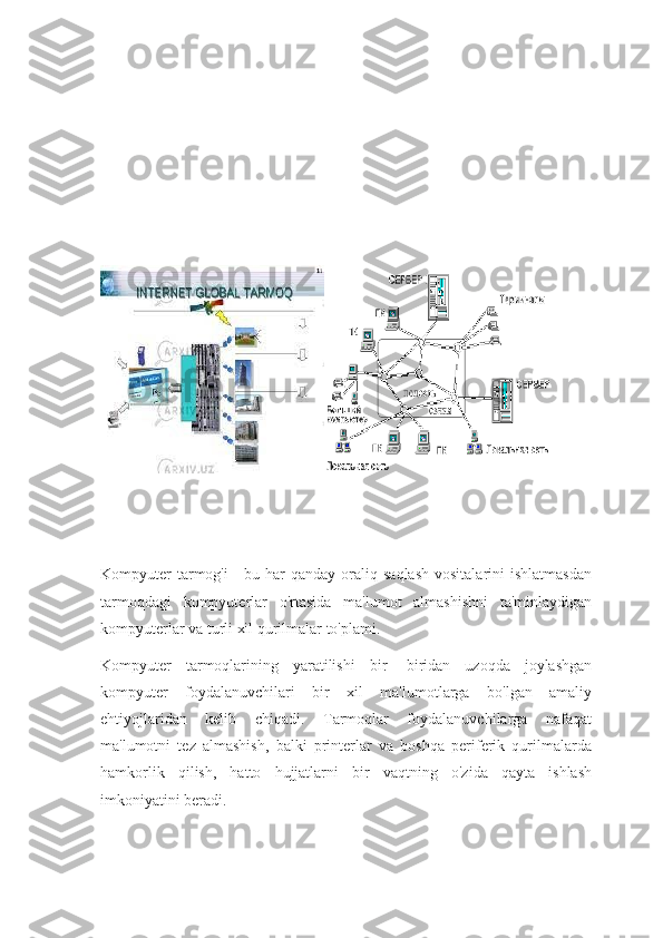 Kompyuter   tarmog'i  -  bu  har  qanday  oraliq  saqlash   vositalarini  ishlatmasdan
tarmoqdagi   kompyuterlar   o'rtasida   ma'lumot   almashishni   ta'minlaydigan
kompyuterlar va turli xil qurilmalar to'plami.
Kompyuter   tarmoqlarining   yaratilishi   bir   -biridan   uzoqda   joylashgan
kompyuter   foydalanuvchilari   bir   xil   ma'lumotlarga   bo'lgan   amaliy
ehtiyojlaridan   kelib   chiqadi.   Tarmoqlar   foydalanuvchilarga   nafaqat
ma'lumotni   tez   almashish,   balki   printerlar   va   boshqa   periferik   qurilmalarda
hamkorlik   qilish,   hatto   hujjatlarni   bir   vaqtning   o'zida   qayta   ishlash
imkoniyatini beradi. 