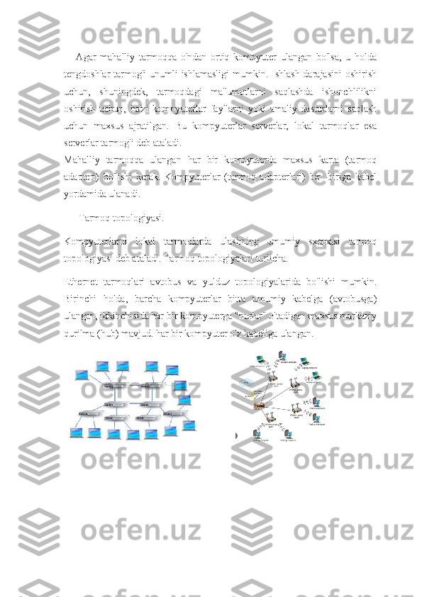       Agar   mahalliy   tarmoqqa   o'ndan   ortiq   kompyuter   ulangan   bo'lsa,   u   holda
tengdoshlar  tarmog'i  unumli ishlamasligi  mumkin. Ishlash darajasini  oshirish
uchun,   shuningdek,   tarmoqdagi   ma'lumotlarni   saqlashda   ishonchlilikni
oshirish   uchun,   ba'zi   kompyuterlar   fayllarni   yoki   amaliy   dasturlarni   saqlash
uchun   maxsus   ajratilgan.   Bu   kompyuterlar   serverlar,   lokal   tarmoqlar   esa
serverlar tarmog'i deb ataladi.
Mahalliy   tarmoqqa   ulangan   har   bir   kompyuterda   maxsus   karta   (tarmoq
adapteri)   bo'lishi   kerak.   Kompyuterlar   (tarmoq   adapterlari)   bir   -biriga   kabel
yordamida ulanadi.
      Tarmoq topologiyasi.
Kompyuterlarni   lokal   tarmoqlarda   ulashning   umumiy   sxemasi   tarmoq
topologiyasi deb ataladi. Tarmoq topologiyalari turlicha.
Ethernet   tarmoqlari   avtobus   va   yulduz   topologiyalarida   bo'lishi   mumkin.
Birinchi   holda,   barcha   kompyuterlar   bitta   umumiy   kabelga   (avtobusga)
ulangan, ikkinchisida har bir kompyuterga "nurlar" o'tadigan maxsus markaziy
qurilma (hub) mavjud. har bir kompyuter o'z kabeliga ulangan. 