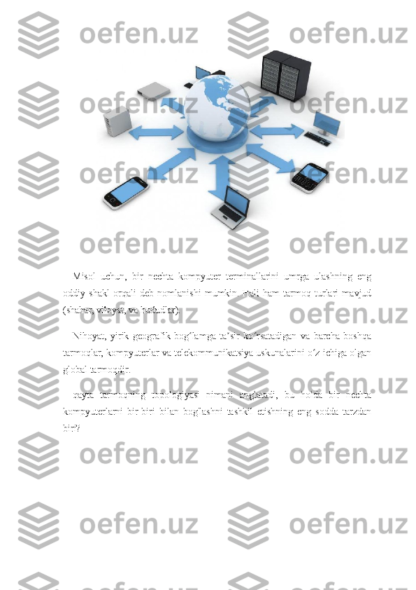 Misol   uchun,   bir   nechta   kompyuter   terminallarini   umrga   ulashning   eng
oddiy   shakl   orqali   deb   nomlanishi   mumkin.   Hali   ham   tarmoq   turlari   mavjud
(shahar, viloyat, va hududlar).
Nihoyat,   yirik   geografik   bog lamga   ta sir   ko rsatadigan   va   barcha   boshqaʻ ʼ ʻ
tarmoqlar, kompyuterlar va telekommunikatsiya uskunalarini o z ichiga olgan	
ʻ
global tarmoqdir.
qayta   tarmoqning   topologiyasi   nimani   anglatadi,   bu   holda   bir   nechta
kompyuterlarni   bir-biri   bilan   bog'lashni   tashkil   etishning   eng   sodda   tarzdan
biri? 