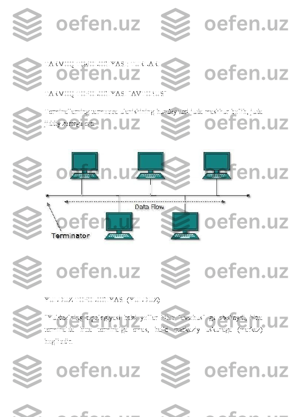 TARMOQ TOPOLOGIYASI: TURLARI
TARMOQ TOPOLOGIYASI "AVTOBUS"
Terminallarning tarmoqqa ulanishining bunday turi juda mashhur bo'lib, juda
jiddiy zararga ega.
YULDUZ TOPOLOGIYASI (YULDUZ)
"Yulduz"ning   topologiyasi   ba'zi   yo'llar   bilan   "avtobus"   ga   o'xshaydi,   bitta
terminalda   bitta   terminalga   emas,   balki   markaziy   uskunaga   (markaz)
bog'liqdir. 