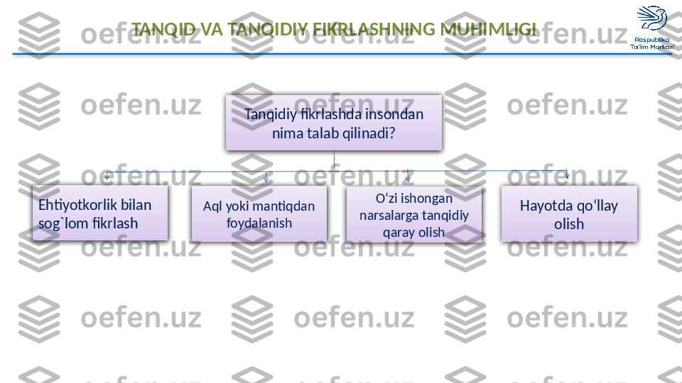 TANQID VA TANQIDIY FIKRLASHNING MUHIMLIGI
Tanqidiy fikrlashda insondan 
nima talab qilinadi?
Ehtiyotkorlik bilan 
sog`lom fikrlash Aql yoki mantiqdan 
foydalanish O‘zi ishongan 
narsalarga tanqidiy 
qaray olish Hayotda qo‘llay 
olish  