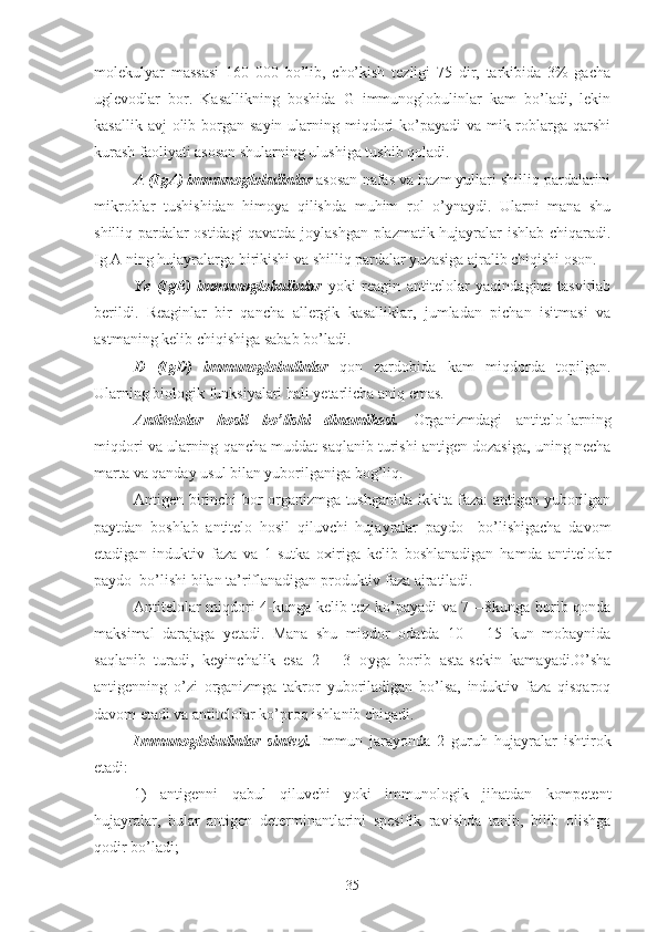 molekulyar   massasi   160   000   bo’lib,   cho’kish   tezligi   75   dir,   tarkibida   3%   gacha
uglevodlar   bor.   Kasallikning   boshida   G   immunoglobulinlar   kam   bo’ladi,   lekin
kasallik avj  olib borgan sayin  ularning miqdori  ko’payadi  va  mik-roblarga qarshi
kurash faoliyati asosan shularning ulushiga tushib qoladi.
A (IgA) immunoglobulinlar  asosan nafas va hazm yullari shilliq pardalarini
mikroblar   tushishidan   himoya   qilishda   muhim   rol   o’ynaydi.   Ularni   mana   shu
shilliq pardalar ostidagi qavatda joylashgan plazmatik hujayralar ishlab chiqaradi.
Ig A ning hujayralarga birikishi va shilliq pardalar yuzasiga ajralib chiqishi oson.
Ye   (IgE)   immunoglobulinlar   yoki   reagin   antitelolar   yaqindagina   tasvirlab
berildi.   Reaginlar   bir   qancha   allergik   kasalliklar,   jumladan   pichan   isitmasi   va
astmaning kelib chiqishiga sabab bo’ladi.
D   ( Ig D)   immunoglobulinlar   qon   zardobida   kam   miqdorda   topilgan.
Ularning biologik funk s iyalari hali yetarlicha aniq emas. 
Antitelolar   hosil   bo’lishi   dinamikasi.   Organizmdagi   antitelo-larning
miqdori va ularning qancha muddat saqlanib turishi antigen dozasiga, uning necha
marta va qanday usul bilan yuborilganiga bog’liq.
Antigen birinchi bor organizmga tushganida ikkita faza: antigen yuborilgan
paytdan   boshlab   antitelo   hosil   qiluvchi   hujayralar   paydo     bo’lishigacha   davom
etadigan   induktiv   faza   va   1-sutka   oxiriga   kelib   boshlanadigan   hamda   antitelolar
paydo  bo’lishi bilan ta’riflanadigan produktiv faza ajratiladi.
Antitelolar miqdori 4-kunga kelib tez ko’payadi va 7—8kunga borib qonda
maksimal   darajaga   yetadi.   Mana   shu   miqdor   odatda   10—   15   kun   mobaynida
saqlanib   turadi,   keyinchalik   esa   2—   3   o y ga   borib   asta-sekin   kamayadi. O’sha
antigenning   o’zi   organizmga   takror   yuboriladigan   bo’lsa,   induktiv   faza   qisqaroq
davom etadi va antitelolar ko’proq ishlanib chiqadi.
Immunoglobulinlar   sintezi.   Immun   jarayonda   2   guruh   hujayralar   ishtirok
etadi:
1)   antigenni   qabul   qiluvchi   yoki   immunologik   jihatdan   kompetent
hujayralar,   bular   antigen   determinantlarini   spesifik   ravishda   tanib,   bilib   olishga
qodir bo’ladi;
35 