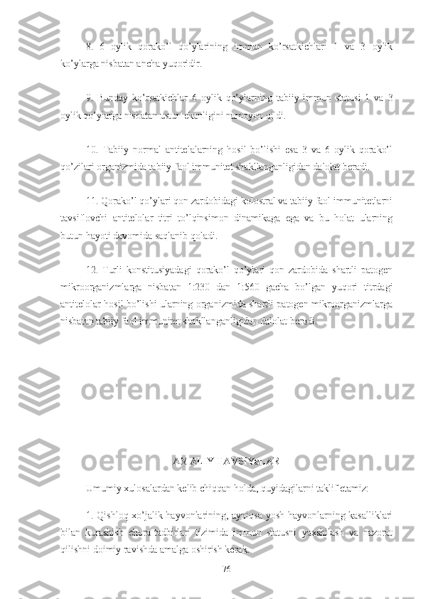 8.   6   oylik   qorako’l   qo’ylarining   immun   ko’rsatkichlari   1   va   3   oylik
ko’ylarga nisbatan ancha yuqoridir.
9.   Bunday   ko’rsatkichlar   6   oylik   qo’ylarning   tabiiy   immun   statusi   1   va   3
oylik qo’ylarga nisbatan ustun ekanligini namoyon qildi. 
10.   Tabiiy   normal   antitelalarning   hosil   bo’lishi   esa   3   va   6   oylik   qorako’l
qo’zilari organizmida tabiiy faol immunitet shakllanganligidan dalolat beradi.
11. Qorako’l qo’ylari qon zardobidagi kolostral va tabiiy faol immunitetlarni
tavsiflovchi   antitelolar   titri   to’lqinsimon   dinamikaga   ega   va   bu   holat   ularning
butun hayoti davomida saqlanib qoladi.
12.   Turli   konstitusiyadagi   qorako’l   qo’ylari   qon   zardobida   shartli   patogen
mikroorganizmlarga   nisbatan   1:230   dan   1:560   gacha   bo’lgan   yuqori   titrdagi
antitelolar hosil bo’lishi ularning organizmida shartli patogen mikroorganizmlarga
nisbatan tabiiy faol immunitet shakllanganligidan dalolat beradi.
AMALIY TAVSIYaLAR
Umumiy xulosalardan kelib chiqqan holda, quyidagilarni taklif etamiz:
1. Qishloq xo’jalik hayvonlarining, ayniqsa yosh hayvonlarning kasalliklari
bilan   kurashish   chora-tadbirlari   tizimida   immun   statusni   yaxshilash   va   nazorat
qilishni doimiy ravishda amalga oshirish kerak.
76 