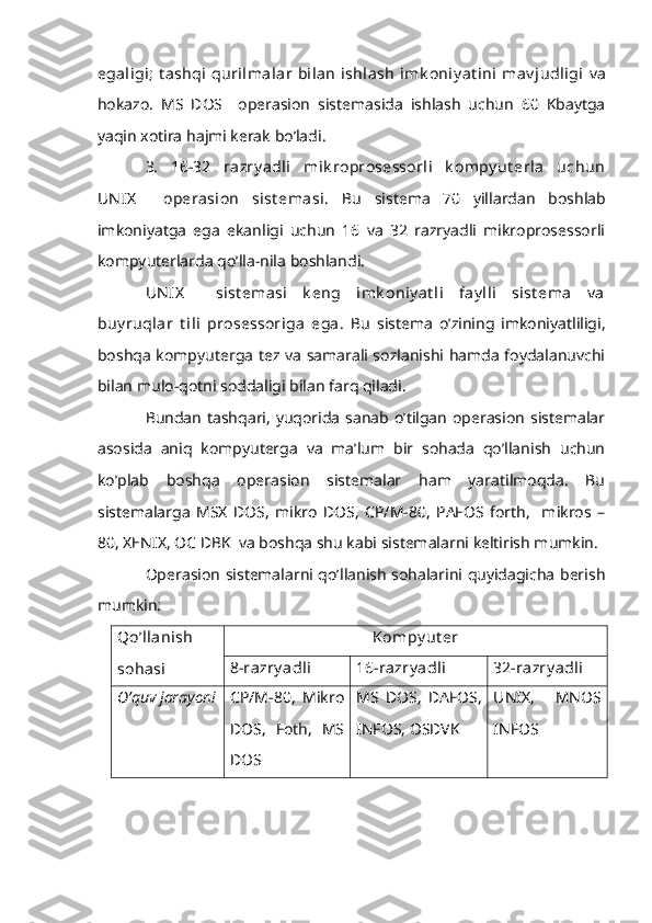 egaligi;  t ashqi  qurilmalar  bilan  ishlash  imk oniy at ini  mav judligi   va
hokazo.   MS   DOS     operasion   sistemasida   ishlash   uchun   60   Kbaytga
yaqin xotira hajmi kerak bo’ladi.
3.   16-32   razry adli   mik roprosessorli   k ompy ut erla   uchun
UN IX     operasion   sist emasi.   Bu   sistema   70   yillardan   boshlab
imkoniyatga   ega   ekanligi   uchun   16   va   32   razryadli   mikroprosessorli
kompyuterlarda qo’lla-nila boshlandi.
UN IX     sist emasi   k eng   imk oniy at li   fay lli   sist ema   v a
buy ruqlar   t ili   prosessoriga   ega.   Bu   sistema   o’zining   imkoniyatliligi,
boshqa kompyuterga tez va samarali sozlanishi hamda foydalanuvchi
bilan mulo-qotni soddaligi bilan farq qiladi.
Bundan  tashqari,  yuqorida  sanab o’tilgan  operasion  sistemalar
asosida   aniq   kompyuterga   va   ma’lum   bir   sohada   qo’llanish   uchun
ko’plab   boshqa   operasion   sistemalar   ham   yaratilmoqda.   Bu
sistemalarga   MSX   DOS,   mikro   DOS,   CP/M-80,   PAFOS   forth,     mikros   –
80, XENIX, OC DBK  va boshqa shu kabi sistemalarni keltirish mumkin.
Operasion sistemalarni qo’llanish sohalarini quyidagicha berish
mumkin:
Qo’llanish
sohasi Kompy ut er
8-razry adli 16-razry adli 32-razry adli
O’quv jarayoni CP/M-80,   Mikro
DOS,   Foth,   MS
DOS MS   DOS,   DAFOS,
INFOS, OSDVK  UNIX ,   MNOS
INFOS 