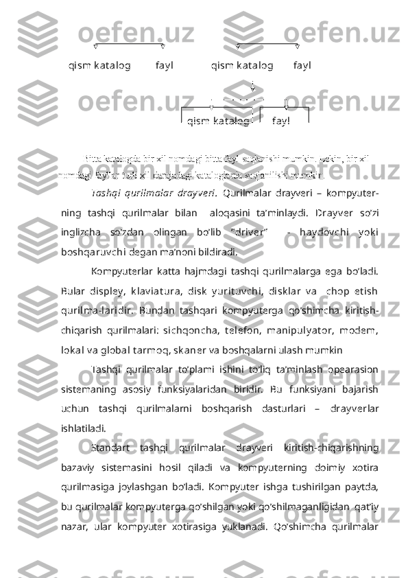      qism k at alog            fay l                 qism k at alog          fay l
    qism k at alog           fay l
Bitta katalogda bir xil nomdagi bitta fayl saqlanishi mumkin. Lekin, bir xil 
nomdagi fayllar turli xil darajadagi kataloglarda saqlanilishi mumkin.
Tashqi   qurilmalar   dray ve ri.   Qurilmalar   drayveri   –   kompyuter-
ning   tashqi   qurilmalar   bilan     aloqasini   ta’minlaydi.   Dray v er   so’zi
inglizcha   so’zdan   olingan   bo’lib   “ driv er”     -   hay dov chi   y ok i
boshqaruv chi  degan ma’noni bildiradi.  
Kompyuterlar   katta   hajmdagi   tashqi   qurilmalarga   ega   bo’ladi.
Bular   displey ,   k lav iat ura,   disk   y urit uv chi,   disk lar   v a     chop   et ish
qurilma-laridir .   Bundan   tashqari   kompyuterga   qo’shimcha   kiritish-
chiqarish   qurilmalari:   sichqoncha,   t elefon,   manipuly at or,   modem,
lok al v a global t armoq, sk aner  va boshqalarni ulash mumkin
Tashqi   qurilmalar   to’plami   ishini   to’liq   ta’minlash   opearasion
sistemaning   asosiy   funksiyalaridan   biridir.   Bu   funksiyani   bajarish
uchun   tashqi   qurilmalarni   boshqarish   dasturlari   –   dray v er lar
ishlatiladi.
Standart   tashqi   qurilmalar   drayveri   kiritish-chiqarishning
bazaviy   sistemasini   hosil   qiladi   va   kompyuterning   doimiy   xotira
qurilmasiga   joylashgan   bo’ladi.   Kompyuter   ishga   tushirilgan   paytda,
bu qurilmalar kompyuterga qo’shilgan yoki qo’shilmaganligidan  qat’iy
nazar,   ular   kompyuter   xotirasiga   yuklanadi.   Qo’shimcha   qurilmalar 