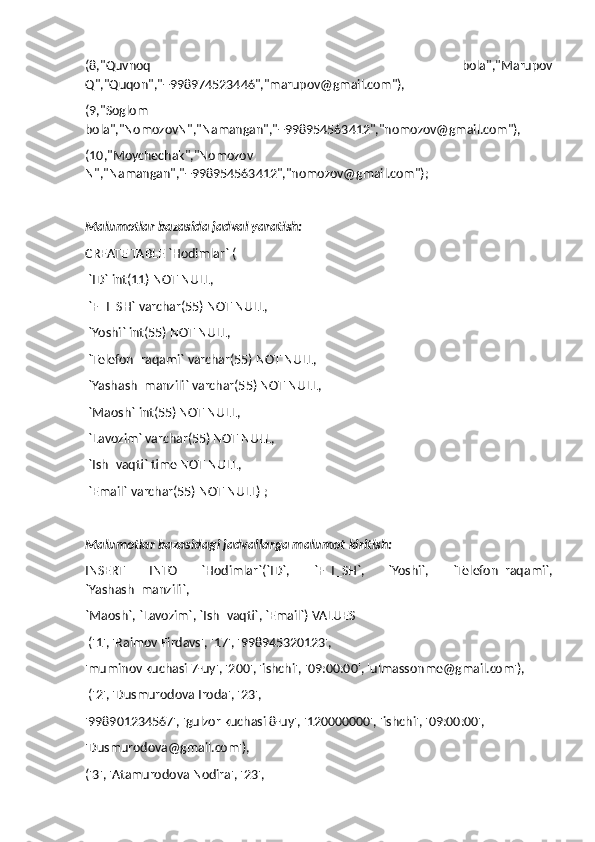 (8,"Quvnoq   bola","Marupov
Q","Quqon","+998974523446","marupov@gmail.com"), 
(9,"Soglom
bola","NomozovN","Namangan","+998954563412","nomozov@gmail.com"), 
(10,"Moychechak","Nomozov
N","Namangan","+998954563412","nomozov@gmail.com");
Malumotlar bazasida jadval yaratish:
CREATE TABLE `Hodimlar` (
 `ID` int(11) NOT NULL,
 `F_I_SH` varchar(55) NOT NULL,
 `Yoshi` int(55) NOT NULL,
 `Telefon_raqami` varchar(55) NOT NULL,
 `Yashash_manzili` varchar(55) NOT NULL,
 `Maosh` int(55) NOT NULL,
 `Lavozim` varchar(55) NOT NULL,
 `Ish_vaqti` time NOT NULL,
 `Email` varchar(55) NOT NULL) ;
Malumotlar bazasidagi jadvallarga malumot kiritish:
INSERT   INTO   `Hodimlar`(`ID`,   `F_I_SH`,   `Yoshi`,   `Telefon_raqami`,
`Yashash_manzili`, 
`Maosh`, `Lavozim`, `Ish_vaqti`, `Email`) VALUES 
 ('1', 'Raimov Firdavs', '17', '998945320123', 
'muminov kuchasi 7-uy', '200', 'ishchi', '09:00:00', 'ulmassonme@gmail.com'),
 ('2', 'Dusmurodova Iroda', '23', 
'998901234567', 'gulzor kuchasi 8-uy', '120000000', 'ishchi', '09:00:00', 
'Dusmurodova@gmail.com'),
('3', 'Atamurodova Nodira', '23',  