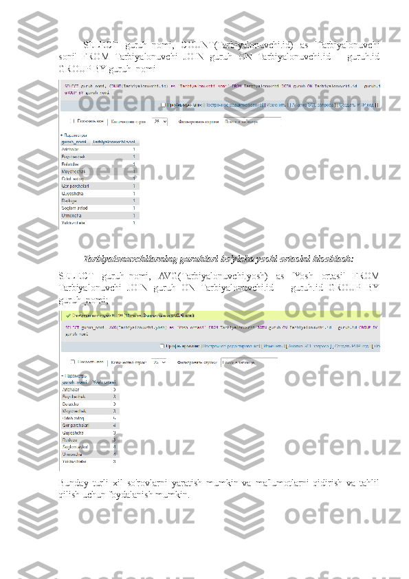 SELECT   guruh_nomi,   COUNT(Tarbiyalonuvchi.id)   as   'Tarbiyalonuvchi
soni'   FROM   Tarbiyalonuvchi   JOIN   guruh   ON   Tarbiyalonuvchi.id   =   guruh.id
GROUP BY guruh_nomi
Tarbiyalonuvchilarning guruhlari bo'yicha yoshi ortasini hisoblash:
SELECT   guruh_nomi,   AVG(Tarbiyalonuvchi.yosh)   as   'Yosh   ortasi'   FROM
Tarbiyalonuvchi   JOIN   guruh   ON   Tarbiyalonuvchi.id   =   guruh.id   GROUP   BY
guruh_nomi;
Bunday   turli   xil   so'rovlarni   yaratish   mumkin   va   ma'lumotlarni   qidirish   va   tahlil
qilish uchun foydalanish mumkin.
                                                         