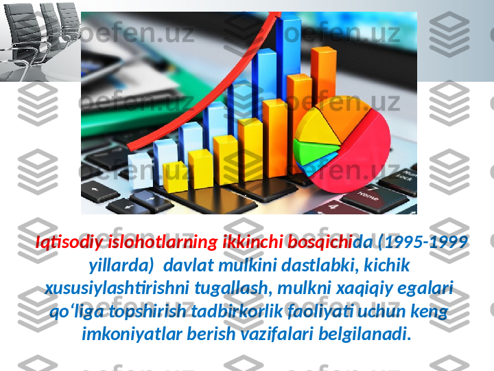   Iqtisodiy islohotlarning ikkinchi bosqichi da (1995-1999 
yillarda)  davlat mulkini dastlabki, kichik 
xususiylashtirishni tugallash, mulkni xaqiqiy egalari 
qo‘liga topshirish tadbirkorlik faoliyati uchun keng 
imkoniyatlar berish vazifalari belgilanadi.  