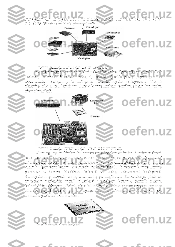 translyator   kabilar   joylashadi.   Ona   plataga   ulangan   qurilmalar   esa   DVD-ROM,
CD-ROM, Vinchester, blok- pitaniyalardir.
          
.T izimli plataga ulanadigan tashqi uskunalar .
tizimli plataga ulanadigan tashqi uskunalar ko’rsatilgan edi. Shuni ta’kidlash
lozimki,   ta’minot   blokidan   tashqari,   chetda   (periferiyada)   joylashgan   bu
uskunalardan   istalgani   yo’q   bo’lganda   ham   kompyuter   ishlayveradi.   Tizimli
plataning   o’zida   esa   har   doim   ularsiz   kompyuterhatto   yoqilmaydigan   bir   nechta
qism o’rnatiladi.
 Tizimli plataga o’rnatiladigan unsurlar (elementlar).
Ularning eng muhimlari bu protsessor va tezkor xotiradir. Bundan tashqari,
katta   tezlikda   ishlaydigan   protsessorlar   uchun   majburiy   vositalar   (atributlar)
to’plamiga protsessor korpusining darajasini xavfsiz kattalikkacha tushirish uchun
zarur   bo’lgan   ventilyatorli   sovutuvchi   radiator   kiradi.   Protsessor   kompyuterning
yuragidir   u   hamma   hisoblarni   bajaradi   va   tashqi   uskunalarni   boshqaradi.
Kompyuterning   quvvati   uning   unumdorligiga   bog’liqdir.   Konstruksiya   jihatidan
protsessor   markazida   metall   plastikasi   joylashgan   keramik   (sopol)   plastina
ko’rinishida ishlangan.  Tizimli  plata bilan ulanish uchun protsessor  past  tomonda
tilla suvi yugurtirilgan chiqishlar - oyoqchalar bilan ta’minlangan. Ularnig soni esa
bir necha yuzta bo’lishi mumkin.
                         
 Intel Pentum-4 protsessori. 