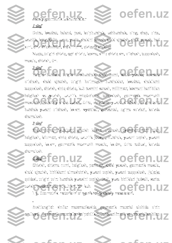 Asosiy geometrik tushunchalarAsosiy geometrik tushunchalar
1 sinf1 sinf
Doira,   kvadrat,   baland,   past,   ko`pburchak,   uchburchak,   o`ng,   chap,   o`rta,Doira,   kvadrat,   baland,   past,   ko`pburchak,   uchburchak,   o`ng,   chap,   o`rta,
uzunlik, keng, qalin, uzoq, yaqin, shaklni sanash, shakl ajratish, shakl yasash, haduzunlik, keng, qalin, uzoq, yaqin, shaklni sanash, shakl ajratish, shakl yasash, had
soni, chizish asboblari, shakl  nomi, qiziqarli shakllar.soni, chizish asboblari, shakl  nomi, qiziqarli shakllar.
Nuqta, to`g`ri chiziq, egri chiziq, kesma, siniq chiziq sm, o`lchash, taqqoslash,Nuqta, to`g`ri chiziq, egri chiziq, kesma, siniq chiziq sm, o`lchash, taqqoslash,
masala, chizish, dm.masala, chizish, dm.
2 sinf2 sinf
To`g`ri   burchak,   to`g`ri   to`rtburchak,   shakl   nomi,   shakl   yasash,   kesmaniTo`g`ri   burchak,   to`g`ri   to`rtburchak,   shakl   nomi,   shakl   yasash,   kesmani
o`lchash,   shakl   ajratish,   to`g`ri   bo`lmagan   burchaklar,   kvadrat,   shakllarnio`lchash,   shakl   ajratish,   to`g`ri   bo`lmagan   burchaklar,   kvadrat,   shakllarni
taqqoslash, chizish, siniq chiziq, kub rasmini sanash, millimetr, kesmani harf bilantaqqoslash, chizish, siniq chiziq, kub rasmini sanash, millimetr, kesmani harf bilan
belgilash   va   yozish,   uzunlik   miqdorlarini   taqqoslash,   geometrik   mazmunlibelgilash   va   yozish,   uzunlik   miqdorlarini   taqqoslash,   geometrik   mazmunli
masalalar,   mantiqiy   shakl   tuzish,   doira,   Paletkada   yuzani   o`lchash,   to`g`ri   to`rtmasalalar,   mantiqiy   shakl   tuzish,   doira,   Paletkada   yuzani   o`lchash,   to`g`ri   to`rt
burchak   yuzani   o`lchash,   kv.sm.   vyertikal,   gorizantal,   og`ma   so`zlari,   ko`zdaburchak   yuzani   o`lchash,   kv.sm.   vyertikal,   gorizantal,   og`ma   so`zlari,   ko`zda
chamalash.chamalash.
3 sinf3 sinf
Shakl   nomi,   figuralarni   ajratish   kesma   o`lchash,   pyerimetr,   harf   bilanShakl   nomi,   figuralarni   ajratish   kesma   o`lchash,   pyerimetr,   harf   bilan
belgilash,   kilometr,   siniq   chiziq,   uzunlik   jadvali,   burchak,   yuzani   topish,   yuzanibelgilash,   kilometr,   siniq   chiziq,   uzunlik   jadvali,   burchak,   yuzani   topish,   yuzani
taqqoslash,   kv.sm,   geometrik   mazmunli   masala,   kv.dm,   doira   radiusi,   ko`zdataqqoslash,   kv.sm,   geometrik   mazmunli   masala,   kv.dm,   doira   radiusi,   ko`zda
chamalash.chamalash.
4 sinf4 sinf
Chizish,   chizma   nomi,   belgilash,   perimetr,   shakl   yasash,   geometrik   masala,Chizish,   chizma   nomi,   belgilash,   perimetr,   shakl   yasash,   geometrik   masala,
shakl   ajratish,   birliklarni   almashtirish,   yuzani   topish,   yuzani   taqqoslash,  shakl   ajratish,   birliklarni   almashtirish,   yuzani   topish,   yuzani   taqqoslash,  
PaletkaPaletka
qoidasi,   to`g`ri   to`rt   burchak   yuzasini   topish   usuli,   yuza   birliklari   jadvali,   xaritaqoidasi,   to`g`ri   to`rt   burchak   yuzasini   topish   usuli,   yuza   birliklari   jadvali,   xarita
tuzish, masshtab, hajm, kub-sm, dm-kub.tuzish, masshtab, hajm, kub-sm, dm-kub.
1 1 
§§
. Geometrik materialni o`rganishning asosiy masalalari. . Geometrik materialni o`rganishning asosiy masalalari. 
  
Boshlang`ich   sinflar   matematikasida   geometrik   material   alohida   o`rinBoshlang`ich   sinflar   matematikasida   geometrik   material   alohida   o`rin
egallaydi. Geometrik materiallar ko`pchilik hollarda arifmetik va  materiallar bilanegallaydi. Geometrik materiallar ko`pchilik hollarda arifmetik va  materiallar bilan 