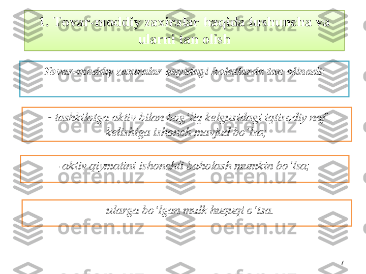 77Tovar-moddiy zaxiralar quyidagi holatlarda tan olinadi:
-  tashkilotga aktiv bilan bog‘liq kelgusidagi iqtisodiy naf 
kelishiga ishonch mavjud bo‘lsa;
- aktiv qiymatini ishonchli baholash mumkin bo‘lsa;1.  Tovar-moddiy zaxiralar haqida tushuncha va 
ularni tan olish
-  ularga bo‘lgan mulk huquqi o‘tsa.  