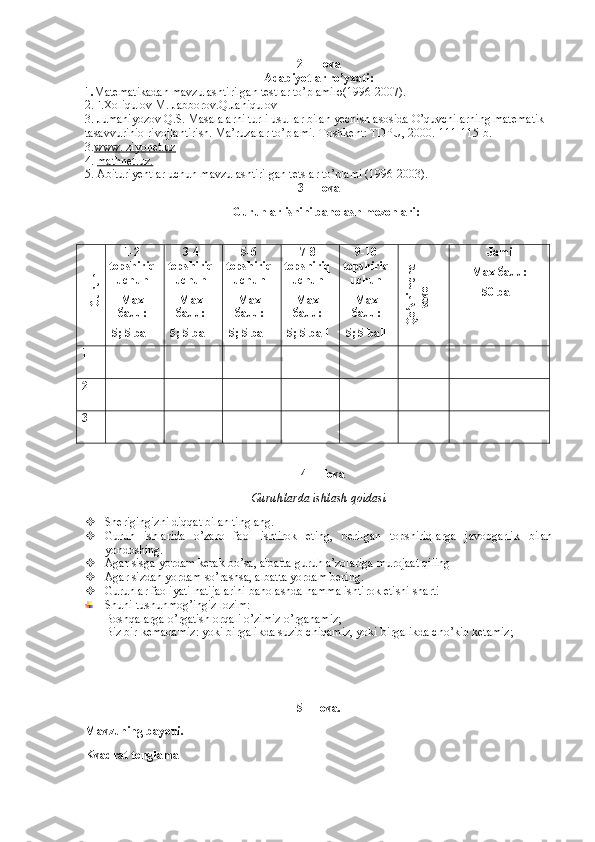 2 – Ilova
Adabiyotlar ro’yxati:
1. Matematikadan mavzulashtirilgan testlar to’plami ю (1996-2007) .
2.F.Xoliqulov M. Jabborov.Q.Janiqulov 
3. Jumaniyozov Q.S. Masalalarni turli usullar bilan yechish asosida O’quvchilarning matematik 
tasavvurinio rivojlantirish. Ma’ruzalar to’plami.-Toshkent: TDPU, 2000.-111-115-b.
3. www. ziyonet.uz
4.  mathnet.uz.
5. Abituriyentlar uchun mavzulashtirilgan tetslar to’plami (1996-2003). 
3 - Ilova
Guruhlar ishini baholash mezonlari:Guruh
1-2
topshiriq
uchun
Мах
балл:
5; 5   ball 3-4
topshiriq
uchun
Мах
балл: 
5; 5   ball 5-6
topshiriq
uchun
Мах
балл: 
5; 5 ball 7-8
topshiriq
uchun
Мах
балл: 
5; 5   ball 9-10
topshiriq
uchun
Мах
балл: 
5; 5   ball	
Qo’shimcha	
savol Jami
Мах балл: 
50   ball
1
2
3
4 – Ilova
Guruhlarda ishlash qoidasi
 Sherigingizni diqqat bilan tinglang.
 Guruh   ishlarida   o’zaro   faol   ishtirok   eting,   berilgan   topshiriqlarga   javobgarlik   bilan
yondoshing.      
 Agar sisga yordam kerak bo’sa, albatta guruh a’zolariga murojaat qiling
 Agar sizdan yordam so’rashsa, albatta yordam bering.
 Guruhlar faoliyati natijalarini baholashda hamma ishtirok etishi shart!
Shuni tushunmog’ingiz lozim:
 Boshqalarga o’rgatish orqali o’zimiz o’rganamiz;
 Biz bir kemadamiz: yoki birgalikda suzib chiqamiz, yoki birgalikda cho’kib ketamiz;
5– Ilova.
Mavzuning bayoni.
Kvadrat tenglama 