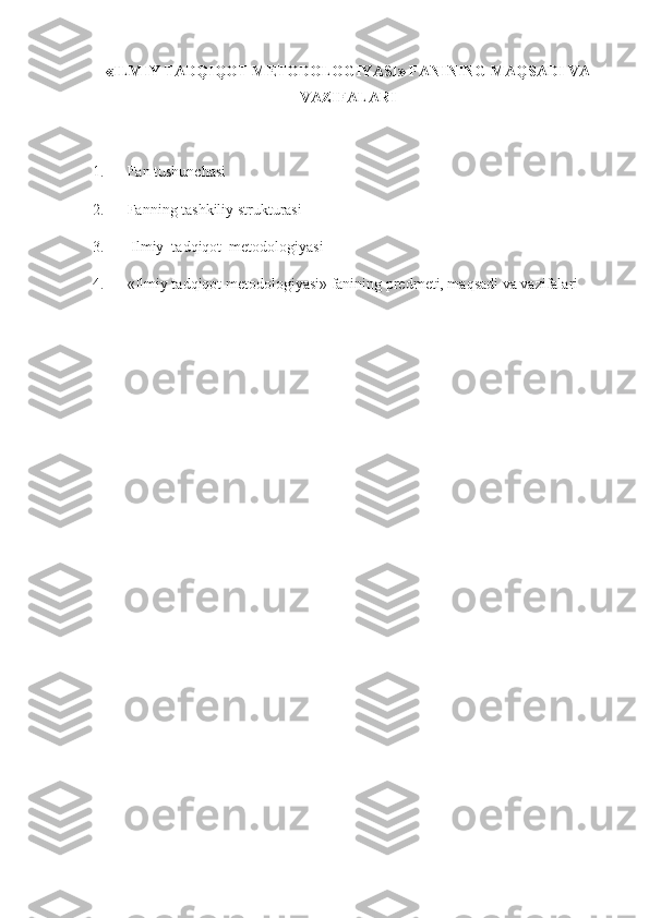 «ILMIY TADQIQOT METODOLOGIYASI» FANINING MAQSADI VA
VAZIFALARI
1.      Fan tushunchasi
2.      Fanning tashkiliy strukturasi
3.       Ilmiy  tadqiqot  metodologiyasi
4.      «Ilmiy tadqiqot metodologiyasi» fanining predmeti, maqsadi va vazifalari 