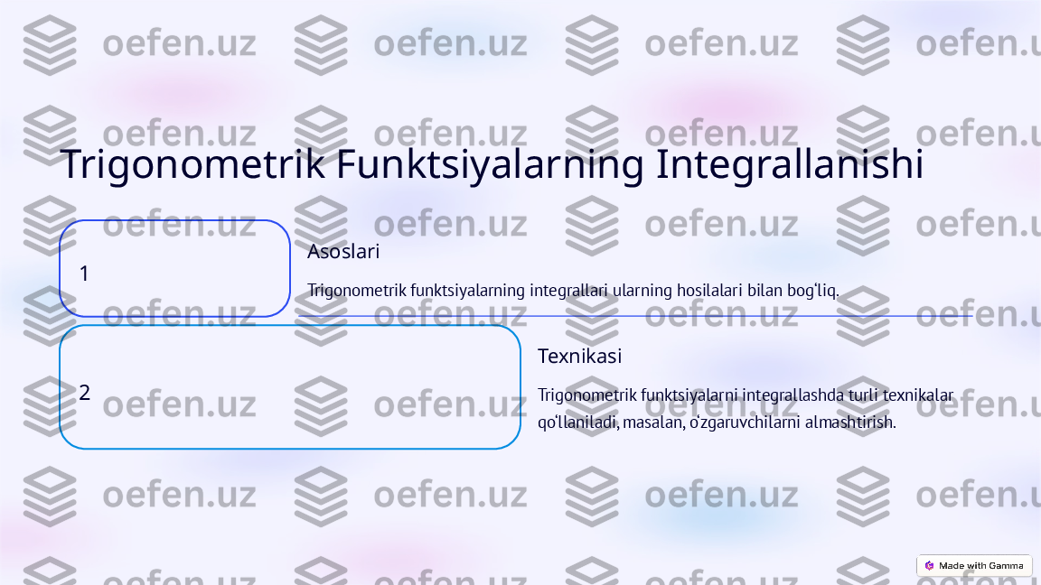 Trigonometrik Funktsiyalarning Integrallanishi
1 Asoslari
Trigonometrik funktsiyalarning integrallari ularning hosilalari bilan bog‘liq.
2 Texnikasi
Trigonometrik funktsiyalarni integrallashda turli texnikalar 
qo‘llaniladi, masalan, o‘zgaruvchilarni almashtirish.  