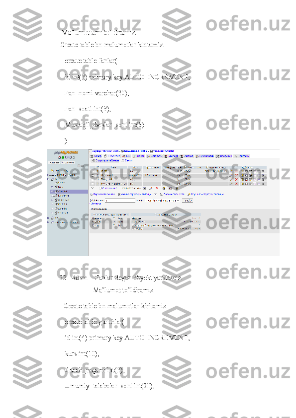  Ma’lumotlarni to’ldiramiz.
Create table bn malumotlar kiritamiz.
create table fanlar(
id int(3) primary key AUTO_INCREMENT,
Fan_nomi varchar(30),
Fan_soati int(3),
Mustaqil_darslar_soni int(5)
)
22-   Rasm Fanlar degan obyekt yaratamiz.
 Ma’lumot to’ldiramiz.
Create table bn malumotlar kiritamiz.
create table guruhlar(
id int(4) primary key AUTO_INCREMENT,
kurs int(10),
Guruh_raqami int(3),
Umumiy_talabalar_soni int(20), 