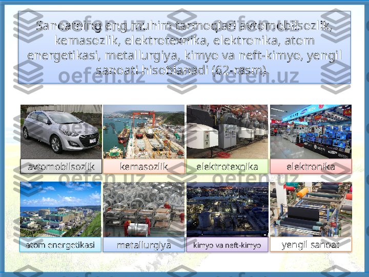 Sanoatning eng muhim tarmoqlari avtomobilsozlik, 
kemasozlik, elektrotexnika, elektronika, atom 
energetikasi, metallurgiya, kimyo va neft-kimyo, yengil 
sanoati hisoblanadi (62-rasm). 
metallurgiyaatom energetikasi kimyo va neft-kimyo
yengil sanoatavtomobilsozlik kemasozlik elektrotexnika elektronika           