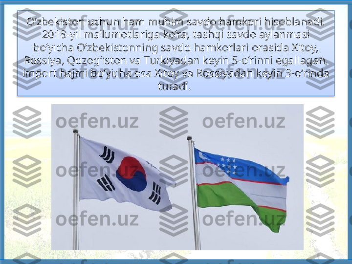 O‘zbekiston uchun ham muhim savdo hamkori hisoblanadi. 
2018-yil ma’lumotlariga ko‘ra, tashqi savdo aylanmasi 
bo‘yicha O‘zbekistonning savdo hamkorlari orasida Xitoy, 
Rossiya, Qozog‘iston va Turkiyadan keyin 5-o‘rinni egal lagan, 
import hajmi bo‘yicha esa Xitoy va Rossiyadan keyin 3-o‘rinda 
turadi.    