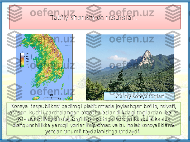 Tabiiy  sharoit i v a resurslari. 
Koreya Respublikasi qadimgi platfor mada joylashgan bo‘lib, relyefi, 
asosan, kuchli parchalangan o‘rtacha balandlikdagi tog‘lardan iborat 
(61-rasm). Relyefining tog‘liligi hisobiga Koreya Respublikasida 
dehqonchilikka yaroqli yerlar ko‘p emas va bu holat koreyaliklarni 
yerdan unumli foydalanishga undaydi.  Sharqiy Koreya tog‘lari     