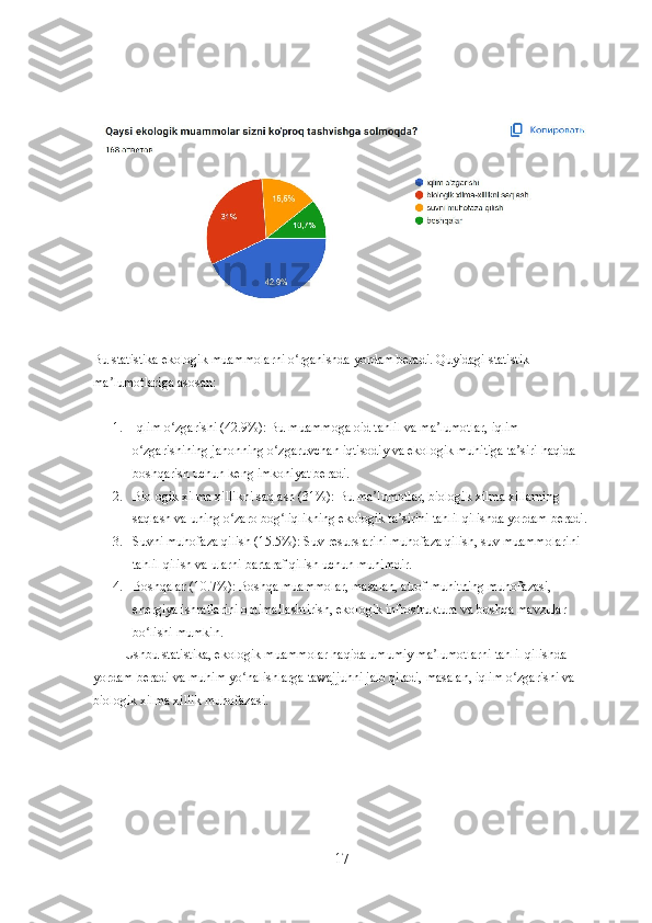 Bu statistika ekologik muammolarni o rganishda yordam beradi. Quyidagi statistik ʻ
ma lumotlariga asosan:	
ʼ
1. Iqlim o zgarishi (42.9%): Bu muammoga oid tahlil va ma lumotlar, iqlim 	
ʻ ʼ
o zgarishining jahonning o zgaruvchan iqtisodiy va ekologik muhitiga ta siri haqida 	
ʻ ʻ ʼ
boshqarish uchun keng imkoniyat beradi.
2. Biologik xilma xillikni saqlash (31%): Bu ma lumotlar, biologik xilma xillarning 	
ʼ
saqlash va uning o zaro bog liqlikning ekologik ta sirini tahlil qilishda yordam beradi.	
ʻ ʻ ʼ
3. Suvni muhofaza qilish (15.5%): Suv resurslarini muhofaza qilish, suv muammolarini 
tahlil qilish va ularni bartaraf qilish uchun muhimdir.
4. Boshqalar (10.7%): Boshqa muammolar, masalan, atrof-muhitning muhofazasi, 
energiya ishratlarini optimallashtirish, ekologik infrostruktura va boshqa mavzular 
bo lishi mumkin.	
ʻ
Ushbu statistika, ekologik muammolar haqida umumiy ma lumotlarni tahlil qilishda 	
ʼ
yordam beradi va muhim yo nalishlarga tawajjuhni jalb qiladi, masalan, iqlim o zgarishi va 	
ʻ ʻ
biologik xilma xillik muhofazasi.
17 