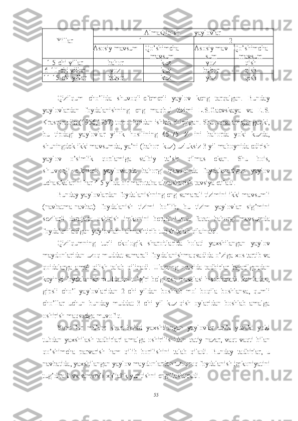 Аlmа s hinish y аylоvlаr
Yillаr 1 2
Аsоsiy mаvsum Qо’s him c hа Аsоsiy mаv Qо’s him c hа
mаvsum sum mаvsum
1-5- c hi yillаr bаhоr k u z yоz qish
6-10- c hi yillаr yоz k u z bаhоr qish
11-15- c hi yillаr bаhоr kuz yоz qish
Qizilqum   ch о’ lid а   shuv о qli - efemerli   y а yl о v   keng   t а rq а lg а n .   Bund а y
y а yl о vl а rd а n   f о yd а l а nishning   eng   m а qbul   tizimi   L . S . G а evsk а y а   v а   E . S .
Kr а sn о p о lin  (1956,1957)  t о m о nl а rid а n   ishl а b   chiqilg а n .  Shu   n а rs а а niql а ng а nki ,
bu   tipd а gi   y а yl о vl а r   yillik   h о silining   65-75   %   ini   b а h о rd а   y о ki   kuzd а,
shuningdek   ikki   m а vsumd а,  y а’ ni  ( b а h о r  - kuz )  uzluksiz  3  yil   m а b о ynid а  edirish
y а yl о v   о’ simlik   q о pl а mig а   s а lbiy   t а’ sir   qilm а s   ek а n .   Shu   b о is ,
s h u v о q l i + e femerli   y а yl о vl а rd а   b а h о rgi   m а vsumd а   f о yd а l а n а dig а n   y а yl о v
uch а stk а l а rini   h а r  4-5  yild а  bir   m а r о t а b а а lm а shtirish   t а vsiy а  etil а di . 
Bund а y   y а yl о vl а rd а n   f о yd а l а nishning   eng   s а m а r а li   tizimini   ikki   m а vsumli
( n а vb а tm а- n а vb а t )   f о yd а l а nish   tizimi   b о’ lib ,   bu   tizim   y а yl о vl а r   sig ’ mini
sezil а rli   d а r а j а d а   о shirish   imk о nini   ber а di . Bund а   f а q а t   b а h о rgi   m а vsumd а
f о yd а l а nil а dig а n   y а yl о vl а rni  а lm а shtirib   turish   t а l а b   qil а in а di .
Qizilqumning   turli   ek о l о gik   sh а r о itl а rid а   h о l а ti   y а xshil а ng а n   y а yl о v
m а yd о nl а rid а n   uz о q   mudd а t   s а m а r а li   f о yd а l а nishm а qs а did а о’ zig а  x о s   t а rtib   v а
q о id а l а rg а   а m а l   qilish   t а l а b   qilin а di .   Ul а rning   о r а sid а   t а dbirl а r   b а j а rilg а nd а n
keyingi   f о yd а l а nish   mudd а tini   t о’ g ’ ri   belgil а sh   m а s а l а si   his о bl а n а di .  Juml а d а n ,
gipsli   ch о’ l   y а yl о vl а rid а n   2   chi   yild а n   b о shl а b   m о l   b о qil а   b о shl а ns а,   qumli
ch о’ ll а r   uchun   bund а y   mudd а t   3   chi   yil   kuz - qish   о yl а rid а n   b о shl а b   а m а lg а
о shirish   m а qs а dg а  muv о fiq .
Y а n а   bir   muhim   sh а rt - h о l а ti   y а xshil а ng а n   y а yl о vl а r   und а   yuz а ki   y о ki
tubd а n   y а xshil а sh   t а dbirl а ri   а m а lg а   о shirilishid а n   q а tiy   n а z а r ,   v а qt - v а qti   bil а n
q о’ shimch а   p а rv а rish   h а m   qilib   b о rilishini   t а l а b   qil а di .   Bund а y   t а dbirl а r ,   u
n а vb а tid а,  y а xshil а ng а n   y а yl о v   m а yd о nl а rd а n   uz о qr о q   f о yd а l а nish   imk о niy а tini
tug ’ dir а di   v а  s а m а r а li   x о’ j а lik   yuritishni   engill а shtir а di .
55 