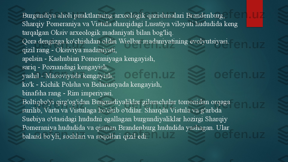 Burgundiya aholi punktlarining arxeologik qazishmalari Brandenburg, 
Sharqiy Pomeraniya va Vistula sharqidagi Lusatiya viloyati hududida keng 
tarqalgan Oksiv arxeologik madaniyati bilan bog'liq.
Qora dengizga ko'chishdan oldin Wielbar madaniyatining evolyutsiyasi.
qizil rang - Oksiviya madaniyati,
apelsin - Kashubian Pomeraniyaga kengayish,
sariq - Poznandagi kengayish,
yashil - Mazoviyada kengayish,
ko'k - Kichik Polsha va Belarusiyada kengayish,
binafsha rang - Rim imperiyasi.
Boltiqbo'yi qirg'og'idan Burgundiyaliklar gilamchalar tomonidan orqaga 
surilib, Varta va Vistulaga ko'chib o'tdilar.  Sharqda Vistula va g'arbda 
Suebiya o'rtasidagi hududni egallagan burgundiyaliklar hozirgi Sharqiy 
Pomeraniya hududida va qisman Brandenburg hududida yashagan. Ular 
baland bo'yli, sochlari va soqollari qizil edi.   