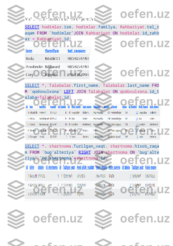 Ma’lumotlar bazasida so’rovlar yaratish
SELECT   hodimlar .ism ,   hodimlar .familya ,   Rahbariyat .tel_r
aqam   FROM   `hodimlar` JOIN   Rahbariyat   ON   hodimlar .id_rahb
ar   =   Rahbariyat .id ;
SELECT   * ,   Talabalar .first_name ,   Talabalar .last_name   FRO
M   `qodovulxona`   LEFT   JOIN   Talabalar   ON   qodovulxona .id_t
alaba = Talabalar .id ;
SELECT   * ,   shartnoma .Tuzilgan_vaqt ,   shartnoma .hisob_raqa
m   FROM   `bug'alteriya`   RIGHT   JOIN   shartnoma   ON   `bug'alte
riya` . `id_shartnoma` = shartnoma .id ;
21 