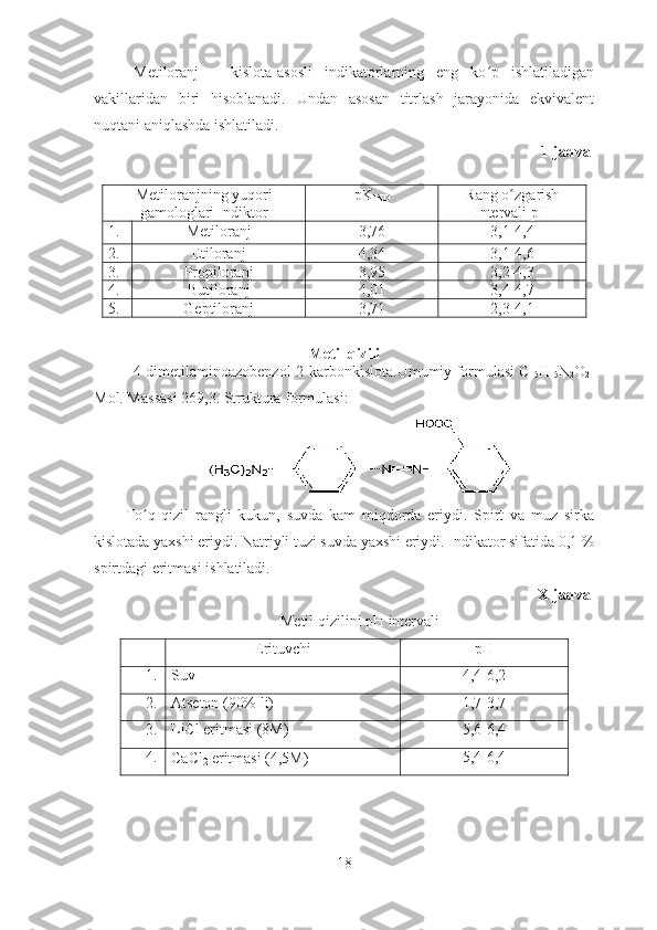 Metiloranj   –   kislota-asosli   indikatorlarning   eng   ko p   ishlatiladiganʻ
vakillaridan   biri   hisoblanadi.   Undan   asosan   titrlash   jarayonida   ekvivalent
nuqtani aniqlashda ishlatiladi.   
1-jadval
Metiloranjning yuqori
gamologlari  Indiktor pK
IND Rang o ʻ zgarish
Intervali pH
1.  Metiloranj 3,76 3,1-4,4
2.  Etiloranj 4,34 3,1-4,6
3.  Propiloranj 3,95 3,2-4,3
4.  Butiloranj 4,01 3,4-4,7
5.  Geptiloranj 3,71 2,3-4,1
Metil qizili
4-dimetilaminoazobenzol-2-karbonkislota.Umumiy formulasi C
15 H
15 N
2 O
2  
Mol. Massasi 269,3. Struktura formulasi:
To q   qizil   rangli   kukun,   suvda   kam   miqdorda   eriydi.   Spirt   va   muz   sirka	
ʻ
kislotada yaxshi eriydi. Natriyli tuzi suvda yaxshi eriydi. Indikator sifatida 0,1 %
spirtdagi eritmasi ishlatiladi. 
X-jadval
Metil qizilini pH intervali
Erituvchi pH
1. Suv 4,4-6,2
2. Atseton   (90%   li) 1,7-3,7
3. LiCl   eritmasi   (8M) 5,6-6,4
4.
CaCl
2   eritmasi   (4,5M) 5,4-6,4
18 