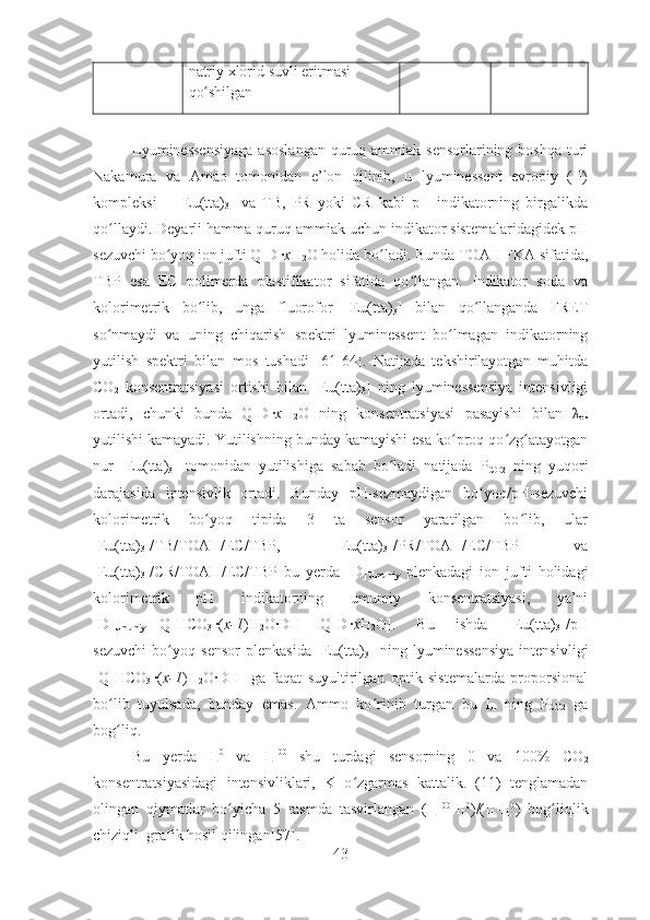 natriy xlorid suvli eritmasi 
qo shilganʻ
Lyuminessensiyaga  asoslangan  quruq ammiak sensorlarining  boshqa turi
Nakamura   va   Amao   tomonidan   e’lon   qilinib,   u   lyuminessent   evropiy   (II)
kompleksi   –   [Eu(tta)
3 ]   va   TB,   PR   yoki   CR   kabi   pH   indikatorning   birgalikda
qo llaydi. Deyarli hamma quruq ammiak uchun indikator sistemalaridagidek pH	
ʻ
sezuvchi bo yoq ion jufti Q	
ʻ +
D -
∙ x H
2 O holida bo ladi. 	ʻ Bunda TOAH FKA sifatida,
TBP   esa   EC   polimerda   plastifikator   sifatida   qo llangan.   Indikator   soda   va	
ʻ
kolorimetrik   bo lib,   unga   fluorofor   [Eu(tta)	
ʻ
3 ]   bilan   qo llanganda   FRET	ʻ
so nmaydi   va   uning   chiqarish   spektri   lyuminessent   bo lmagan   indikatorning	
ʻ ʻ
yutilish   spektri   bilan   mos   tushadi   [61-64].   Natijada   tekshirilayotgan   muhitda
CO
2   konsentratsiyasi   ortishi   bilan   [Eu(tta)
3 ]   ning   lyuminessensiya   intensivligi
ortadi,   chunki   bunda   Q +
D -
∙ x H
2 O   ning   konsentratsiyasi   pasayishi   bilan   λ
ex
yutilishi kamayadi. Yutilishning bunday kamayishi esa ko proq qo zg atayotgan	
ʻ ʻ ʻ
nur   [Eu(tta)
3 ]   tomonidan   yutilishiga   sabab   bo ladi   natijada   P	
ʻ
CO2   ning   yuqori
darajasida   intensivlik   ortadi.   Bunday   pH-sezmaydigan   bo yoq/pH-sezuvchi	
ʻ
kolorimetrik   bo yoq   tipida   3   ta   sensor   yaratilgan   bo lib,   ular	
ʻ ʻ
[Eu(tta)
3 ]/TB/TOAH/EC/TBP,   [Eu(tta)
3 ]/PR/TOAH/EC/TBP   va
[Eu(tta)
3 ]/CR/TOAH/EC/TBP   bu   yerda   [D]
Umumiy   plenkadagi   ion   jufti   holidagi
kolorimetrik   pH   indikatorning   umumiy   konsentratsiyasi,   ya’ni
[D]
Umumiy =[Q +
HCO
3 -
∙( x-1 )H
2 O∙DH]+[Q +
D -
∙ x H
2 O].   Bu   ishda   [Eu(tta)
3 ]/pH
sezuvchi   bo yoq   sensor   plenkasida   [Eu(tta)	
ʻ
3 ]   ning   lyuminessensiya   intensivligi
[Q +
HCO
3 -
∙( x-1 )H
2 O∙DH]   ga   faqat   suyultirilgan   optik   sistemalarda   proporsional
bo lib   tuyulsada,   bunday   emas.   Ammo   ko rinib   turgan   bu   I	
ʻ ʻ
L   ning   P
CO2   ga
bog liq.
ʻ
Bu   yerda   I
L 0
  va   I
L 100
  shu   turdagi   sensorning   0   va   100%   CO
2
konsentratsiyasidagi   intensivliklari,   K   o zgarmas   kattalik.   (11)   tenglamadan	
ʻ
olingan   qiymatlar   bo yicha   5   rasmda   tasvirlangan   (I	
ʻ
L 100
-I
L 0
)/(I
L -I
L 0
)   bog liqlik	ʻ
chiziqli  grafik hosil qilingan[ 57 ]. 
43 