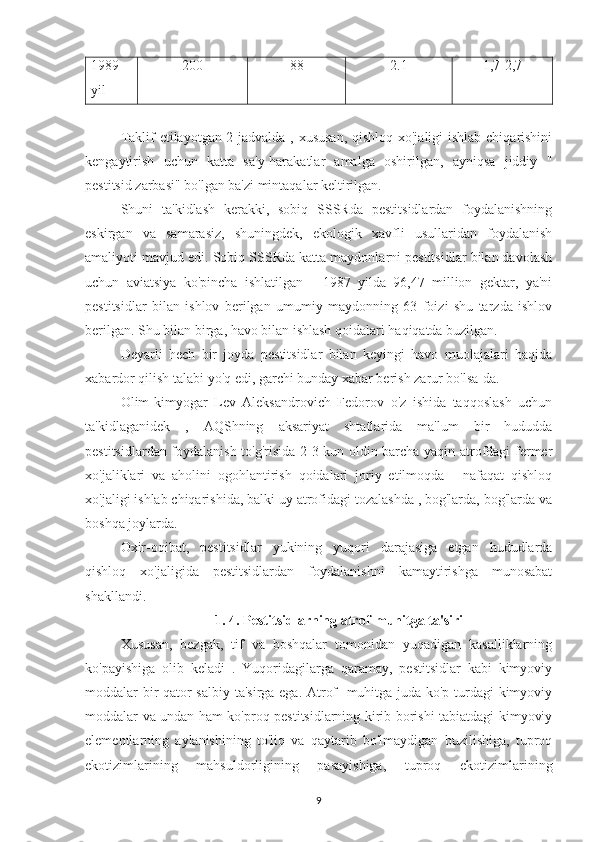 1989
yil 200 88 2.1 1,7-2,7
Taklif etilayotgan 2-jadvalda , xususan,  qishloq xo'jaligi  ishlab chiqarishini
kengaytirish   uchun   katta   sa'y-harakatlar   amalga   oshirilgan,   ayniqsa   jiddiy   "
pestitsid zarbasi" bo'lgan ba'zi mintaqalar keltirilgan.
Shuni   ta'kidlash   kerakki,   sobiq   SSSRda   pestitsidlardan   foydalanishning
eskirgan   va   samarasiz,   shuningdek,   ekologik   xavfli   usullaridan   foydalanish
amaliyoti mavjud edi. Sobiq SSSRda katta maydonlarni pestitsidlar bilan davolash
uchun   aviatsiya   ko'pincha   ishlatilgan   -   1987   yilda   96,47   million   gektar,   ya'ni
pestitsidlar   bilan   ishlov   berilgan   umumiy   maydonning   63   foizi   shu   tarzda   ishlov
berilgan. Shu bilan birga, havo bilan ishlash qoidalari haqiqatda buzilgan.
Deyarli   hech   bir   joyda   pestitsidlar   bilan   keyingi   havo   muolajalari   haqida
xabardor qilish talabi yo'q edi, garchi bunday xabar berish zarur bo'lsa-da.
Olim-kimyogar   Lev   Aleksandrovich   Fedorov   o'z   ishida   taqqoslash   uchun
ta'kidlaganidek   ,   AQShning   aksariyat   shtatlarida   ma'lum   bir   hududda
pestitsidlardan foydalanish to'g'risida 2-3 kun oldin barcha yaqin atrofdagi fermer
xo'jaliklari   va   aholini   ogohlantirish   qoidalari   joriy   etilmoqda   -   nafaqat   qishloq
xo'jaligi ishlab chiqarishida, balki uy atrofidagi tozalashda , bog'larda, bog'larda va
boshqa joylarda.
Oxir-oqibat,   pestitsidlar   yukining   yuqori   darajasiga   etgan   hududlarda
qishloq   xo'jaligida   pestitsidlardan   foydalanishni   kamaytirishga   munosabat
shakllandi.
1. 4. Pestitsidlarning atrof-muhitga ta'siri
Xususan,   bezgak,   tif   va   boshqalar   tomonidan   yuqadigan   kasalliklarning
ko'payishiga   olib   keladi   .   Yuqoridagilarga   qaramay,   pestitsidlar   kabi   kimyoviy
moddalar bir qator salbiy ta'sirga ega. Atrof- muhitga juda ko'p turdagi kimyoviy
moddalar va undan ham ko'proq pestitsidlarning kirib borishi tabiatdagi kimyoviy
elementlarning   aylanishining   to'liq   va   qaytarib   bo'lmaydigan   buzilishiga,   tuproq
ekotizimlarining   mahsuldorligining   pasayishiga,   tuproq   ekotizimlarining
9 