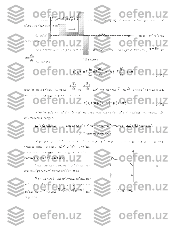Bu   h olda  f1(x−cΔt	)≡	f1(x')   va   to ’ lqin   formasi   (1.8)   chizmada   ko ’ rsatilgan   kabi     x /
o ’ zgaruvchidan   bog ’ liq   bo ’ ladi .
Bu   to’lqinning   tarqalish   tezligi   c   ga   teng.   Xuddi   shunday   (1.9)   dagi  	
f2   teskari   yo’nalishda
harakatlanadi.
To’lqin   tarqaluvchi   sterjen   dinamik   holatini   ko’chishlar   orqali   ifodalaymiz.   Ma’lumki,  	
σ=	Eε   va	
ε=	ди
дх
 bundan esa
                      	
σ(х,t)=	E	ди
дх	=	E	
дf	1
дх	(x−ct	)+E	
дf	2
дх	(x+ct	)                           (1.21)
ekanligi  kelib chiqadi. Bu  yerda    	
E
дf	1
дх   va  	E
дf	2
дх   larni mos ravishda  	g1   va  	g2   lar  orqali belgilab  olsak,
kuchlanishni quyidagicha yozishimiz mumkin.
                                        	
σ(х,t)=	g1(x−	ct	)+g2(x+ct	)                                      (1.22)
Ixtiyoriy   ko’chish   to’lqini   formasi   va   unga   mos   kuchlanish   to’lqini   orasidagi   munosabat   1.9-
chizmada tasvirlangan.
Ko’rinib turibdiki kuchlanish to’lqini ham o’zgarmas forma va c– tezlik bilan tarqaladi.
1.4. Chegaraviy shartlar
Ixtiyoriy sterjenda to’lqin tarqalishi ifodasi ixtiyoriy funksiya uning uchlariga qo’yilgan chegaraviy
shartlar   orqali   topiladi,   ya’ni   to’lqin   funksiyasi
chegarada   muvozanat   va   birgalik   shartlarini
qanoatlantiruvchi qilib tanlanadi.
Chap   uchidan   qaytuvchi   to’lqinlar   ham
chegaraviy shartlarni qanoatlantirishi kerak.
Misol   uchun:   (1-7a)   chizmada   ko’rsatilgan
ko’chish   to’lqini   formasi   (1.10)   chizmada
ko’rsatilgan x=0 nuqtada 	
U=(0,t)=	f1(−ct)  kabi
belgilanadi. 1.10-chizma 
1.9-chizma 