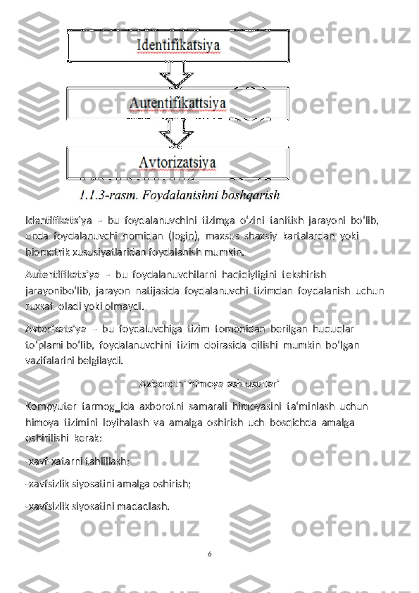 I dentifikatsiy a  –  bu  foydalanuvchini  tizimga  oʻzini  tanitish  jarayoni  boʻlib, 
unda  foydalanuvchi  nomidan  (login),  maxsus  shaxsiy  kartalardan  yoki  
biometrik xususiyatlaridan foydalanish mumkin.
Autentifikatsiya   –  bu  foydalanuvchilarni  haqiqiyligini  tekshirish  
jarayoniboʻlib,  jarayon  natijasida  foydalanuvchi  tizimdan  foydalanish  uchun  
ruxsat  oladi yoki olmaydi.
Avtorizatsiya   –  bu  foydaluvchiga  tizim  tomonidan  berilgan  huquqlar  
toʻplami boʻlib,  foydalanuvchini  tizim  doirasida  qilishi  mumkin  boʻlgan  
vazifalarini belgilaydi.
Axborotni himoyalash usullari
Kompyuter  tarmog‗ida  axborotni  samarali  himoyasini  ta‘minlash  uchun 
himoya  tizimini  loyihalash  va  amalga  oshirish  uch  bosqichda  amalga  
oshirilishi  kerak:
-xavf-xatarni tahlillash;
-xavfsizlik siyosatini amalga oshirish;
-xavfsizlik siyosatini madadlash.
6 