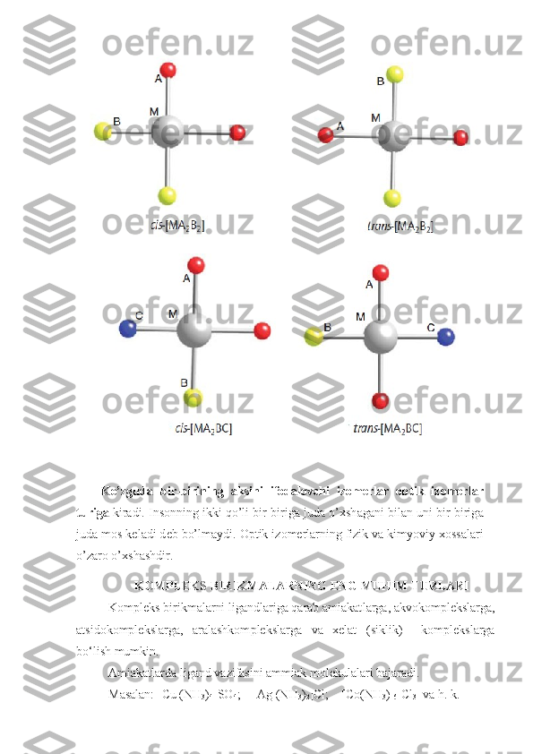                          
Ko’zgud а   bir-birining   а ksini   if о d а l о vchi   iz о m е rl а r   о ptik   iz о m е rl а r
turig а  kir а di. Ins о nning ikki qo’li bir-birig а  jud а  o’ х sh а g а ni bil а n uni bir-birig а
jud а  m о s k е l а di d е b bo’lm а ydi.  О ptik iz о m е rl а rning fizik v а  kimyoviy  хо ss а l а ri
o’z а r о  o’ х sh а shdir.
KOMPLEKS BIRIKMALARNING ENG MUHIM  Т URLARI
Kompleks birikmalarni ligandlariga qarab amiakat larga, akvokomplekslarga,
atsidokomplekslarga,   aralashkom p lekslarga   va   xelat   (siklik)     komplekslarga
bo‘lish mumkin.
Amiakatlarda ligand vazifasini ammiak molekulalari bajaradi.
Masalan: [Cu (NH
3 )
4 ]SO
4 ;    [Ag (NH
3 )
2 ]Cl;    [Co(NH
3 ) 
6 ]Cl
3   va h. k. 
