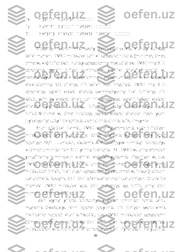 18  H    4.554004   3.932456   0.000000
19  H    3.934161   2.710011   1.767760   0.000000
20  H    3.845315   3.183920   1.767827   1.786081   0.000000
O’tkazilgan   kvanto-himik   nazariy   hisoblashlar   asosida   shunday   xulosaga
kelish  mumkin.  DMSO   molekulasi  turli  xil  agregatlar   holatida  (monomer,  dimer,
trimer va x.k) bo’lar ekan. Bunday agregatlarning mavjudligi esa DMSO ning S=O
tebranishiga   tegishli   bo’lgan   kombinatsion   sochilish   chizig’ini   parallel   va
perpendikulyar   tashkil   etuvchilarining   maksimumlariga   mos   keluvchi
chastotalarining   farq   qilishiga   olib   kelishi   bilan   birgalikda   DMSO   ning   S=O
tebranishiga   tegishli   spekral   chiziqda   assimmetriyaning   hosil   bo’lishiga   olib
keladi,   ya’ni   bu   spektral   chiziq   turli   hil   agregatlarga   tegishli   bo’lgan   spektral
chiziqlar   yig’indisidan   iborat   bo’lganligi   tufayli   assimmetriya   hosil
bo’ladi.Monomer   va   dimer   holatlarga   tegishli   spektral   chiziqlar   o’zaro   yaqin
joylashganligi tufayli biz tajribada ularni alohida alohida ko’ra olmaymiz.
Shuni   ta’kidlash   lozimki,   DMSO   va   uning   eritmalarida   sodir   bo’ladigan
molekulalararo   ta’sir   kuchlarining   tabiati   to’g’risida   ko’pgina   ilmiy   ishlar
bajarilgan[37,41].   Jumladan,   akademik   A.K.Otaxo’jayev   nomidagi   laboratoriya
xodimlari tomonidan ham 2000-yilning boshlarida [37] DMSO va uning eritmalari
yorug’likning   kombinatsion   sochilish   spektrlari   yordamida   o’rganilgan   va   toza
DMSO   molekulalari   orasida   hamda   uning   dipol   momenti   katta   bo’lgan   eritma
molekulalari   birikib,   hosil   qilgan   agregatlarni   (dimer,   trimer   va   hokazo)   tabiatini
tushuntirishda faqatgina dipol-dipol ta’sir kuchlar orqali tushuntirilgan.  Chunki biz
bilamizki   DMSO   molekulasi   katta   dipol   momentiga   ega   bo’lib,   uning   dipol
momenti  4,3 D ni tashkil etadi. 
Lekin   keyingi   yillarda   laboratoriya   xodimlari   tomonidan   hamda   ushbu
magistrlik   dissertatsiya   ishini   bajarish   jarayonida   olib   borilgan   kvanto-ximik
hisoblashlar   natijalari   shuni   ko’rsatdiki,   toza   DMSO   molekulalari   agregatlarini
(dimer,   trimer)   hosil   bo’lishida   dipol-dipol   ta’sir   kuchlari   bilan   birgalikda
molekulalararo   vodorod   bog’lanishlar   ham   muhim   rol   o’ynar   ekan.   Biz   yuqorida
50 