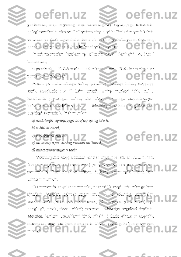 yordamida,   orqa   miyaning   orqa   ustunidagi   oq   suyuqligiga   etkaziladi.
qo’zg’ovchilar Burdax va Goll yadrosining quyi bo’limlariga yetib keladi
va undan po’stosti tugunchalaridan o’tib, bosh miya katta yarim sharining
qoronqulashgan zonasida harakatlarini yakunlaydilar.
Proprioreseptorlar   harakatning   afferent   asosi   ekanligini   A.Orbeli
tomonidan, 
hayvonlarda   P.K.Anoxin ,   odamlarda   esa   N.A.Bernshteynlar
tomonidan o’rganilgan.
Psixologik   ma'lumotlarga   ko’ra,   gavdaning   fazodagi   holati,   sezgirligi
statik   sezgilarda   o’z   ifodasini   topadi.   Uning   markazi   ichki   quloq
kanallarida   joylashgan   bo’lib,   ular   o’zaro   bir-biriga   perpendikulyar
bo’shliqda tutash holatda yotadi.  Masalan,  bosh holatining o’zgarishi
quyidagi sxemada ko’rish mumkin:
a) endolimfa suyuqligiga bog’liq qo’zg’alish;
b) eshitish nervi;
v) vestibulyar nervi;
g) bosh miya po’stining chakka bo’lmasi;
d) miya apparatiga o’tadi;
Vestibulyator   sezgi   apparati   ko’rish   bilan   bevosita   aloqada   bo’lib,
fazoni   mo’ljalga   olish   (orientirlash)   jarayonida   ishtirok   etadi.   Masalan,
avtomobil   yo’lidan   o’tish   va   hokazo.   Bu   jarayon   patologik   holatda   ham
uchrashi mumkin.
Ekstroreseptiv  sezgilar   intermodal,  nospesifik  sezgi  turkumlariga  ham
ajratiladi.   Masalan,   eshitish   organi   orqali   10-15   sekundga   tebranishni
sezish mumkin, lekin quloq bilan emas, balki suyaklar yordamida (miya
qopg’og’i,   tirsak,   tizza   uchlari)   payqash   -   vibrasiya   sezgilari   deyiladi.
Masalan,   karlarni   tovushlarni   idrok   qilishi.   Odatda   vibrasion   sezgirlik
intermodal   sezgi   deb   ham   nomlanadi.   Uning   quyidagi   ko’rinishlari   qam
mavjud:  