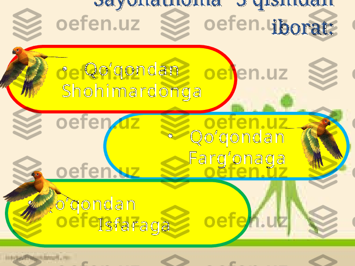 ““
Sayohatnoma” 3 qismdan Sayohatnoma” 3 qismdan 
iborat:iborat:
•
Qo‘qondan 
Farg‘onaga•
Qo‘qondan 
Shohimardonga
•
Qo‘qondan                       
Isfaraga 