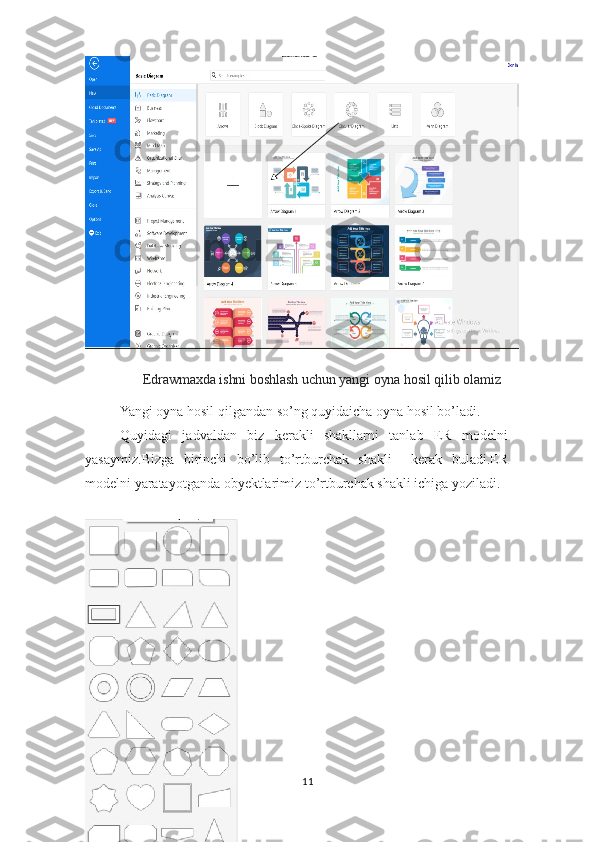 Edrawmaxda ishni boshlash uchun yangi oyna hosil qilib olamiz
Yangi oyna hosil qilgandan so’ng quyidaicha oyna hosil bo’ladi.
Quyidagi   jadvaldan   biz   kerakli   shakllarni   tanlab   ER   modelni
yasaymiz.Bizga   birinchi   bo’lib   to’rtburchak   shakli     kerak   buladi.ER
modelni yaratayotganda obyektlarimiz to’rtburchak shakli ichiga yoziladi.
11  
  