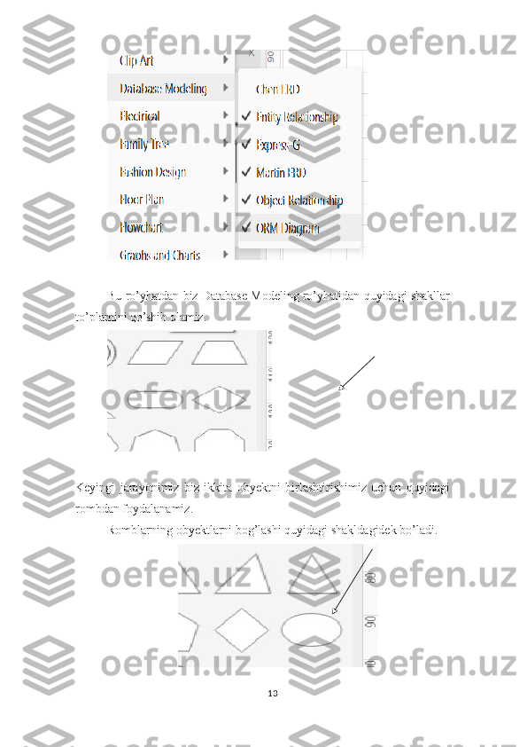 Bu ro’yhatdan biz Database Modeling ro’yhatidan quyidagi shakllar
to’plamini qo’shib olamiz.
Keyingi   jarayonimiz   biz   ikkita   obyektni   birlashtirishimiz   uchun   quyidagi
rombdan foydalanamiz.
Romblarning obyektlarni bog’lashi quyidagi shakldagidek bo’ladi.
13  
  