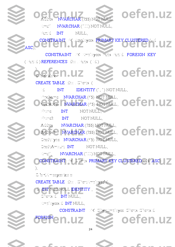     [Addres]     NVARCHAR  ( 255 )   NOT   NULL,  
    [Email]      NVARCHAR  ( 100 )   NOT   NULL,  
    [PartId]     INT              NULL,  
     CONSTRAINT  [PK_Employees]  PRIMARY   KEY   CLUSTERED  ( [Id]     
ASC ),  
        CONSTRAINT   [FK_Employees_Parts_PartId]   FOREIGN   KEY
( [PartId] )   REFERENCES  [dbo] . [Parts]   ( [Id] )  
);  
Client table 
CREATE   TABLE  [dbo] . [Clients]   (  
    [Id]            INT              IDENTITY  ( 1 ,  1 )   NOT   NULL,  
    [FirstName]     NVARCHAR  ( 45 )    NOT   NULL,  
    [LastName]      NVARCHAR  ( 45 )    NOT   NULL,  
    [Phone]         INT              NOT   NULL,  
    [Phone2]        INT              NOT   NULL,  
    [Addres]        NVARCHAR  ( 255 )   NOT   NULL,  
    [Addres2]       NVARCHAR  ( 255 )   NOT   NULL,  
    [CreditType]    NVARCHAR  ( 45 )    NOT   NULL,  
    [CreditAmount]  INT              NOT   NULL,  
    [Email]         NVARCHAR  ( 100 )   NOT   NULL,  
     CONSTRAINT  [PK_Clients]  PRIMARY   KEY   CLUSTERED  ( [Id]  ASC )  
);  
ClientEmpoyee table 
CREATE   TABLE  [dbo] . [ClientEmployee]   (  
Id    INT   NOT   NULL   IDENTITY   ,  
    [ClientsId]    INT   NULL,  
    [EmployeesId]  INT   NULL,  
                CONSTRAINT   [FK_ClientEmployee_Clients_ClientsId]
FOREIGN  
24  
  