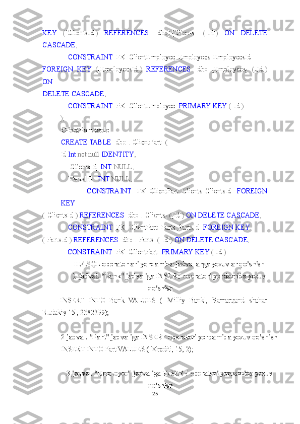 KEY   ( [ClientsId] )   REFERENCES   [dbo] . [Clients]   ( [Id] )   ON   DELETE
CASCADE ,  
     CONSTRAINT  [FK_ClientEmployee_Employees_EmployeesId] 
FOREIGN   KEY   ( [EmployeesId] )   REFERENCES   [dbo] . [Employees]   ( [Id] )
ON  
DELETE   CASCADE ,   
     CONSTRAINT  [PK_ClientEmployee]  PRIMARY   KEY  ( [Id] )  
); 
ClientPart table 
CREATE   TABLE  [dbo] . [ClientPart]   (  
Id  Int   not   null   IDENTITY ,  
    [ClientsId]  INT   NULL,  
    [PartsId]    INT   NULL,  
                CONSTRAINT   [FK_ClientPart_Clients_ClientsId]   FOREIGN
KEY 
( [ClientsId] )   REFERENCES  [dbo] . [Clients]   ( [Id] )   ON   DELETE   CASCADE ,  
     CONSTRAINT  [FK_ClientPart_Parts_PartsId]  FOREIGN   KEY 
( [PartsId] )   REFERENCES  [dbo] . [Parts]   ( [Id] )   ON   DELETE   CASCADE ,   
     CONSTRAINT  [PK_ClientPart]  PRIMARY   KEY  ( [Id] )  
II.4.SQL operatorlari yordamida jadvallarga yozuvlar qo’shish 
1-jadval. “Bank” jadvaliga INSERT operatori yordamida yozuv 
qo’shish 
INSERT   INTO   Bank   VALUES   (   'Milliy   Bank',   'Samarqand   shahar
Rudakiy 15', 2382399); 
 
2-jadval. “Part” jadvaliga INSERT operatori yordamida yozuv qo’shish
INSERT INTO Part VALUES ( 'Kredit', 15, 2); 
 
3-jadval. “Employee” jadvaliga INSERT operatori yordamida yozuv 
qo’shish 
25  
  