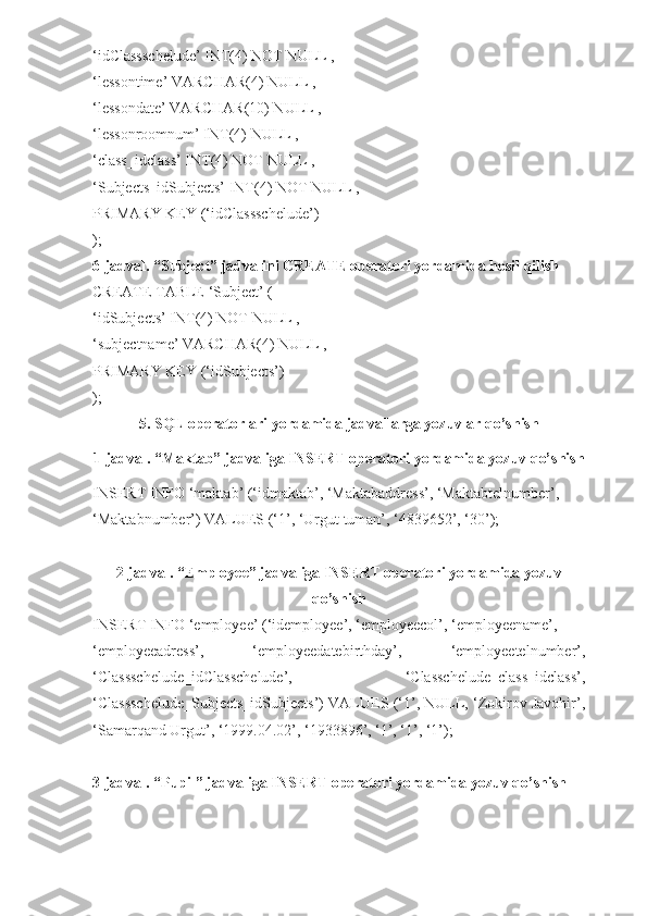 ‘idClassschelude’ INT(4) NOT NULL ,
‘lessontime’ VARCHAR(4) NULL ,
‘lessondate’ VARCHAR(10) NULL ,
‘lessonroomnum’ INT(4) NULL ,
‘class_idclass’ INT(4) NOT NULL ,
‘Subjects_idSubjects’ INT(4) NOT NULL ,
PRIMARY KEY (‘idClassschelude’) 
);
6-jadval. “ Subject ” jadvalini CREATE operatori yordamida hosil qilish
CREATE TABLE ‘Subject’ (
‘idSubjects’ INT(4) NOT NULL ,
‘subjectname’ VARCHAR(4) NULL ,
PRIMARY KEY (‘idSubjects’) 
);
5. SQL operatorlari yordamida jadvallarga yozuvlar qo’shish
1-jadval. “Maktab” jadvaliga INSERT operatori yordamida yozuv qo’shish
INSERT INFO ‘maktab’ (‘idmaktab’, ‘Maktabaddress’, ‘Maktabtelnumber’,
‘Maktabnumber’) VALUES (‘1’, ‘Urgut tuman’, ‘4839652’, ‘30’);
2-jadval. “Employee” jadvaliga INSERT operatori yordamida yozuv
qo’shish
INSERT INFO ‘employee’ (‘idemployee’, ‘employeecol’, ‘employeename’,
‘employeeadress’,   ‘employeedatebirthday’,   ‘employeetelnumber’,
‘Classschelude_idClasschelude’,   ‘Classchelude_class_idclass’,
‘Classschelude_Subjects_idSubjects’) VALUES (‘1’, NULL, ‘Zokirov Javohir’,
‘Samarqand Urgut’, ‘1999.04.02’, ‘1933896’, ‘1’, ‘1’, ‘1’);
3-jadval. “Pupil” jadvaliga INSERT operatori yordamida yozuv qo’shish 