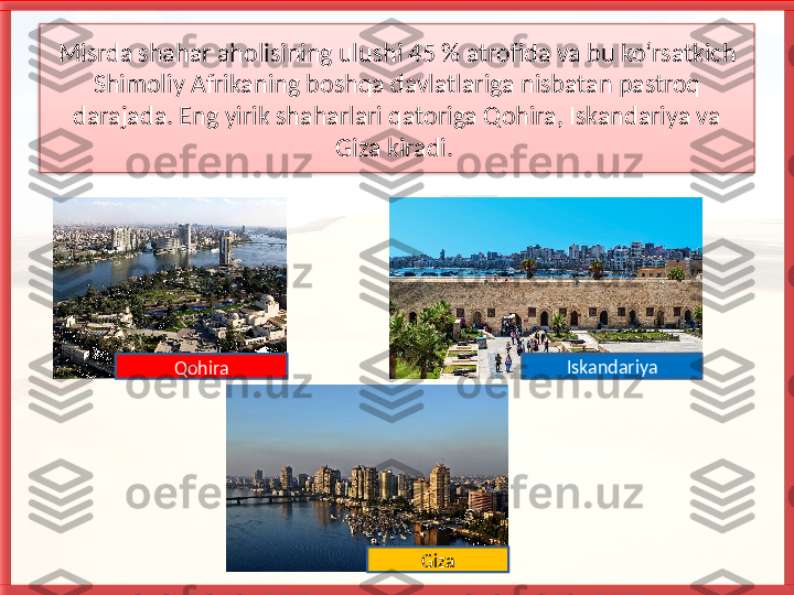 Misrda shahar aholisining ulushi 45 % atrofida va bu ko‘rsatkich 
Shi moliy Afrikaning boshqa davlatlariga nisbatan pastroq 
darajada. Eng yirik shaharlari qatoriga Qohira, Iskandariya va 
Giza kiradi. 
Qohira Iskandariya
Giza   