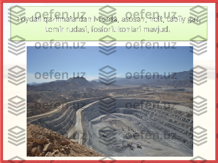 Foydali qazilmalardan Misrda, asosan, neft, tabiiy gaz, 
temir rudasi, fosforit konlari mavjud.    