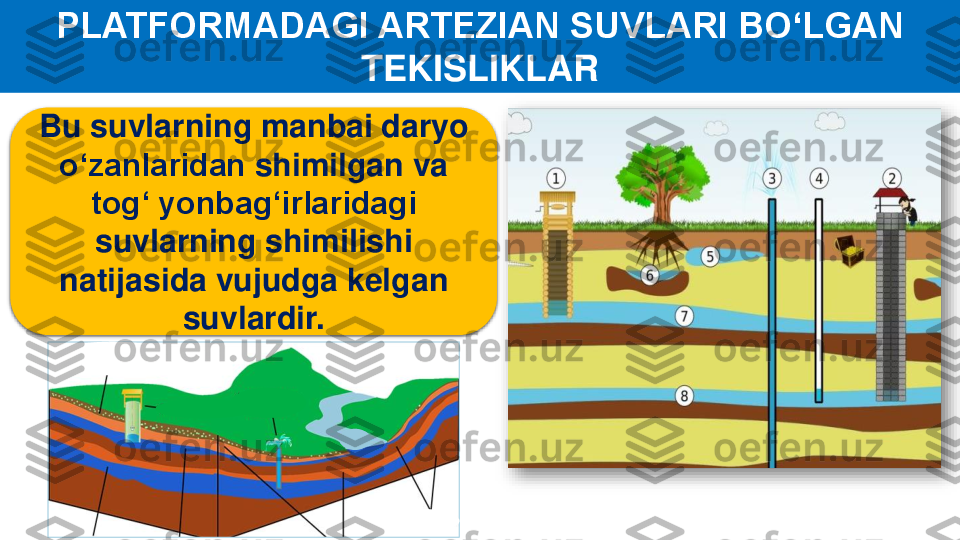 PLATFORMADAGI ARTEZIAN SUVLARI BO‘LGAN 	
TEKISLIKLAR	
Bu 	suvlarning	manbai	daryo	
o‘zanlaridan	shimilgan	va	
tog‘ 	yonbag‘irlaridagi	
suvlarning	shimilishi	
natijasida	vujudga	kelgan	
suvlardir	. 