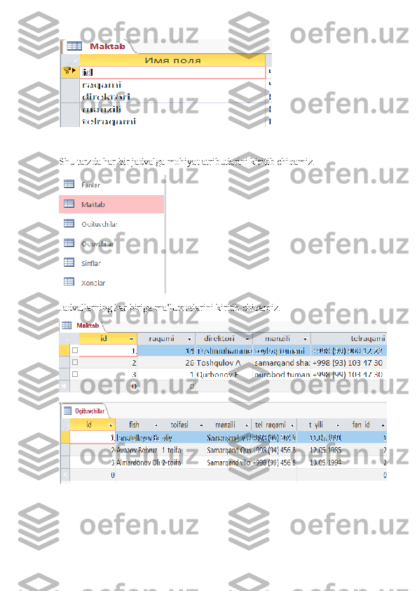                      
Shu tarzda har bir jadvalga mohiyat atributlarini kiritib chiqamiz. 
Jadvallarning har biriga ma’lumotlarini kiritib chiqamiz.  