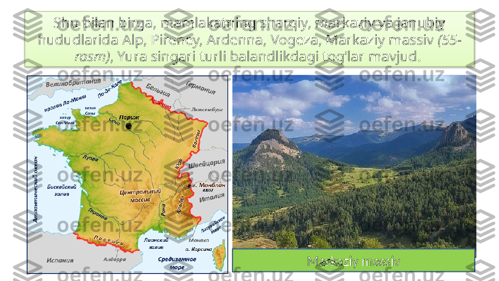 Shu bilan birga, mamlakatning sharqiy, markaziy va janubiy 
hududlarida Alp, Pireney, Ardenna, Vogeza, Markaziy massiv  (55-
rasm) , Yura singari turli balandlikdagi tog‘lar mavjud. 
Markaziy massivАрденна  