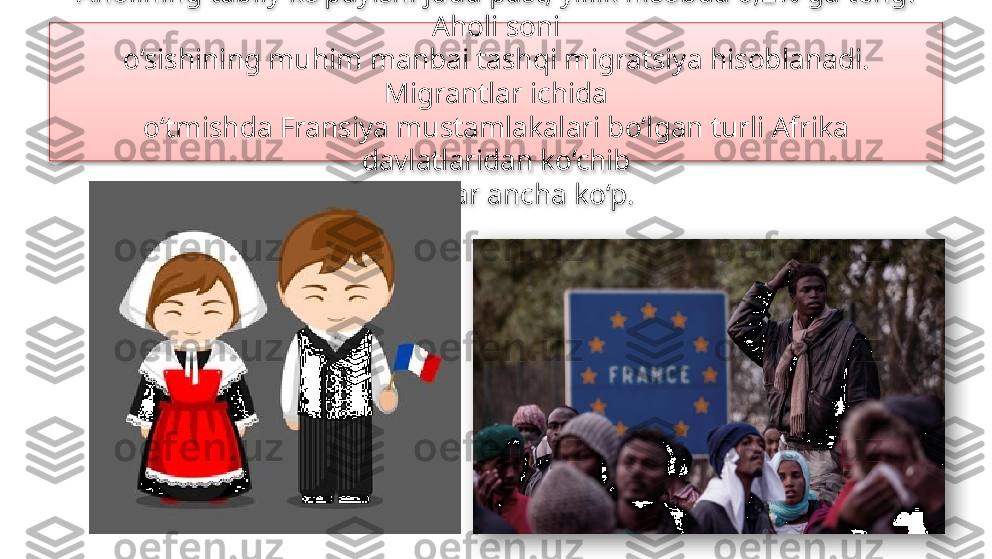 Aholining tabiiy ko‘payishi juda past, yillik hisobda 0,2% ga teng. 
Aholi soni
o‘sishining muhim manbai tashqi migratsiya hisoblanadi. 
Migrantlar ichida
o‘tmishda Fransiya mustamlakalari bo‘lgan turli Afrika 
davlatlaridan ko‘chib
kelganlar ancha ko‘p.   