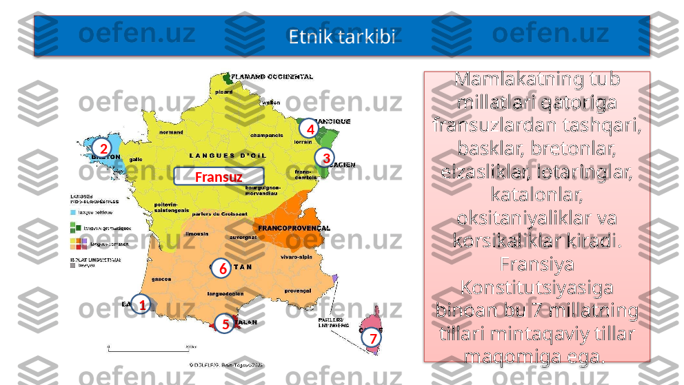 Mamlakatning tub 
millatlari qatoriga 
fransuzlardan tashqari, 
basklar, bretonlar, 
elzasliklar, lotaringlar, 
katalonlar, 
oksitaniyaliklar va 
korsikaliklar kiradi. 
Fransiya 
Konstitutsiyasiga 
binoan bu 7 millatning 
tillari mintaqaviy tillar 
maqomiga ega. Etnik tarkibi
7562
1 4
3
Fransuz   