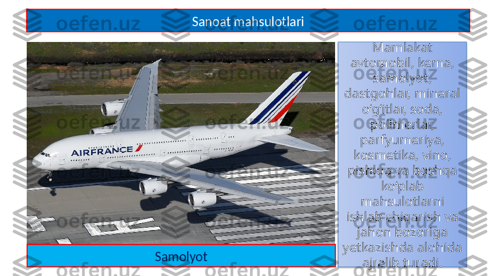 Mamlakat 
avtomobil, kema, 
samolyot, 
dastgohlar, mineral 
o‘g‘itlar, soda, 
polimerlar, 
parfyumeriya, 
kosmetika, vino, 
pishloq va boshqa 
ko‘plab 
mahsulotlarni 
ishlab chiqarish va 
jahon bozoriga 
yetkazishda alohida 
ajralib turadi.Samolyot Sanoat mahsulotlari  