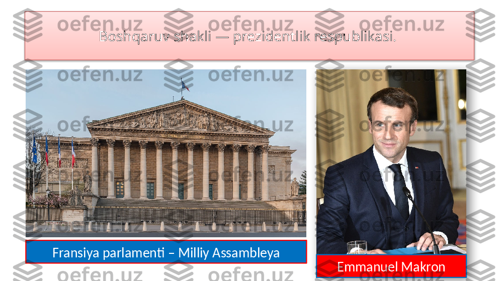 Boshqaruv shakli — prezidentlik respublikasi. 
Fransiya parlamenti – Milliy Assambleya
Emmanuel Makron   